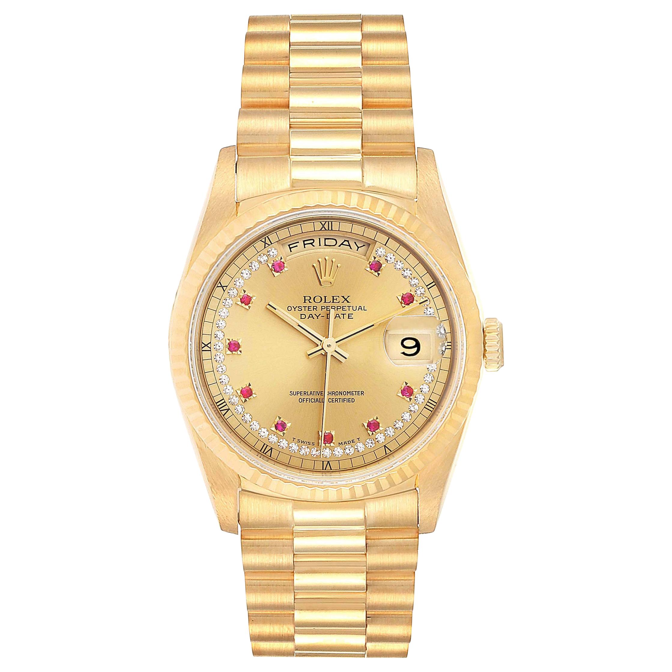 Rolex President Day-Date Yellow Gold String Diamond Ruby Dial Watch 18238 For Sale