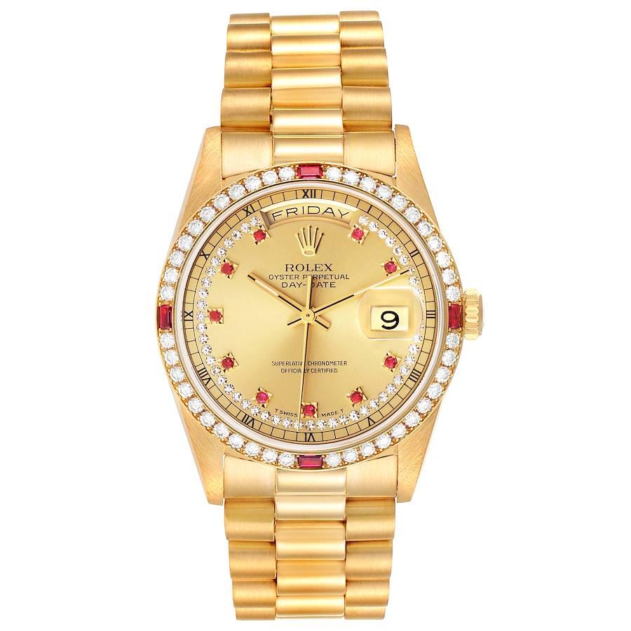 Rolex President Day-Date Yellow Gold String Diamond Ruby Dial Watch 18378. Officially certified chronometer self-winding movement. 18k yellow gold oyster case 36.0 mm in diameter. Rolex logo on a crown. Original Rolex factory diamond and ruby bezel.
