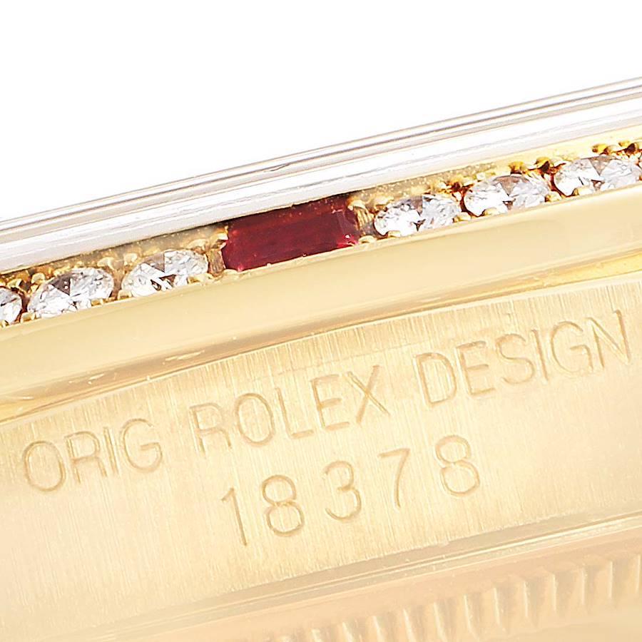 Rolex President Day-Date Yellow Gold String Diamond Ruby Dial Watch 18378 In Excellent Condition In Atlanta, GA