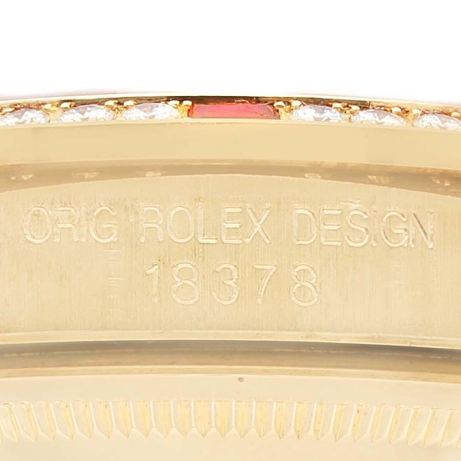 Rolex President Day-Date Yellow Gold String Diamond Ruby Dial Watch 18378 In Excellent Condition In Atlanta, GA
