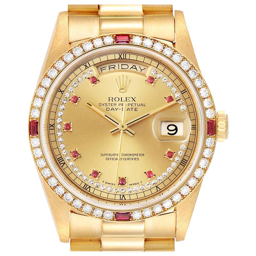 Rolex President Day-Date Yellow Gold String Diamond Ruby Dial Watch 18378