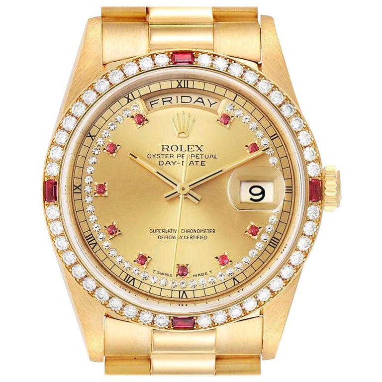 Rolex President Day-Date Yellow Gold String Diamond Ruby Dial Watch 18378  For Sale at 1stDibs
