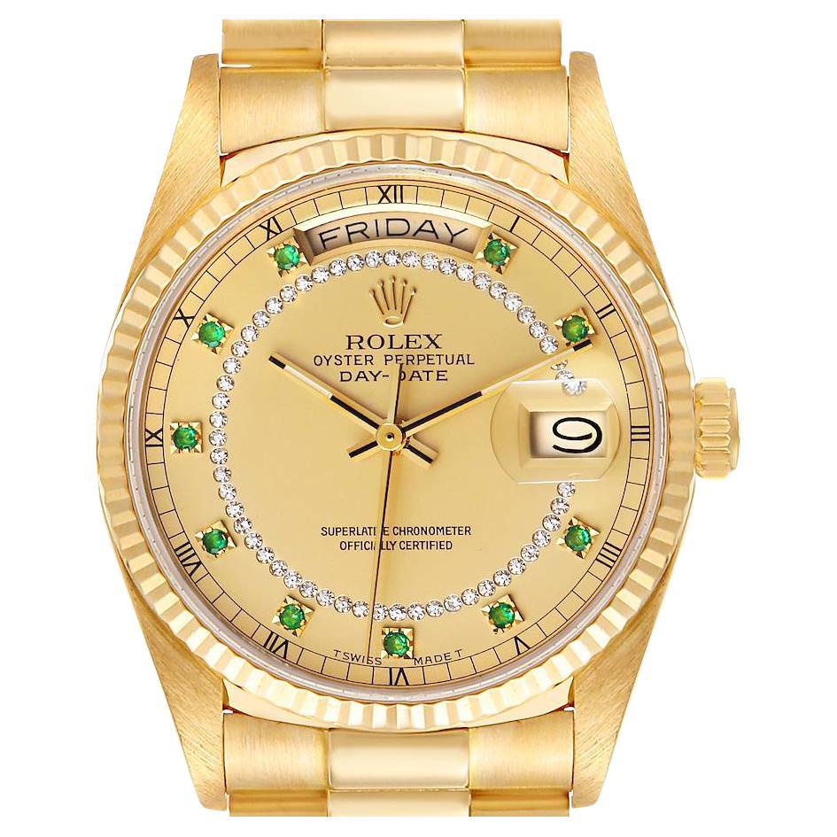 Rolex President Day-Date Yellow Gold String Emerald Diamond Dial Watch 18038 For Sale
