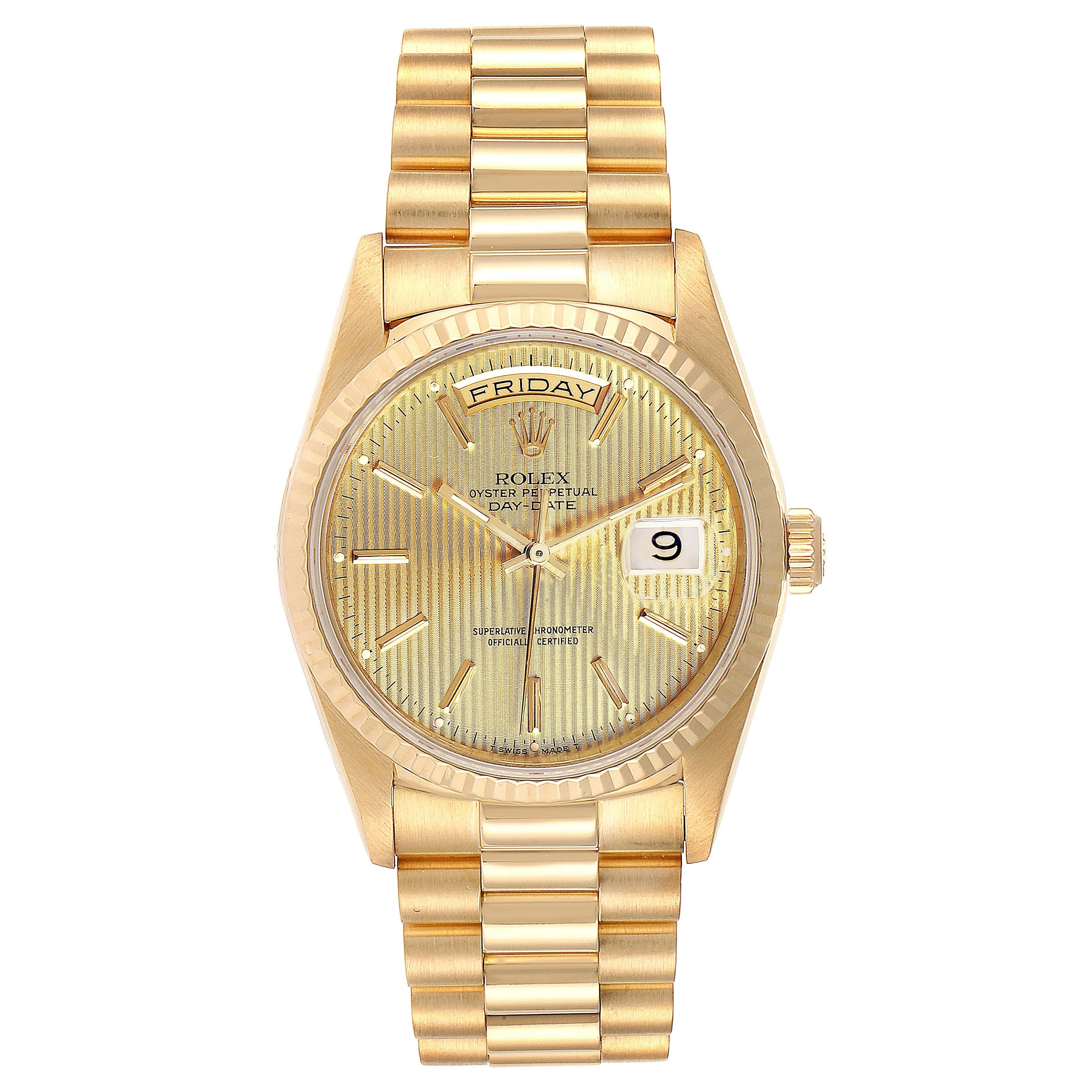 Rolex President Day-Date Yellow Gold Tapestry Dial Mens Watch 18238. Officially certified chronometer self-winding movement. 18k yellow gold oyster case 36.0 mm in diameter. Rolex logo on a crown. 18K yellow gold fluted bezel. Scratch resistant