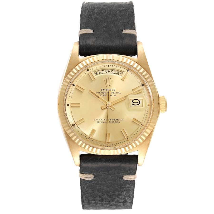 Rolex President Day-Date Yellow Gold Wide Boy Sigma Dial Vintage Mens Watch 1803. Officially certified chronometer self-winding movement. 18k yellow gold oyster case 36.0 mm in diameter.  Rolex logo on a crown. 18k yellow gold fluted bezel. Scratch