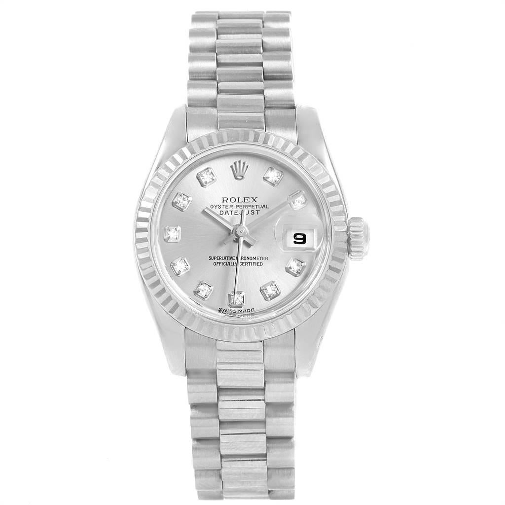 Rolex President Ladies 18k White Gold Diamond Ladies Watch 179179. Officially certified chronometer self-winding movement with quickset date function. 18k white gold oyster case 26.0 mm in diameter. Rolex logo on a crown. 18k white gold fluted
