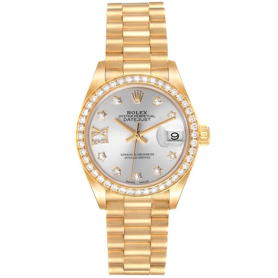 Rolex President Ladies 18k Yellow Gold Diamond Ladies Watch 279138 Box Card. Officially certified chronometer self-winding movement with quickset date function. 18k yellow gold oyster case 26.0 mm in diameter. Rolex logo on a crown. 18k yellow gold