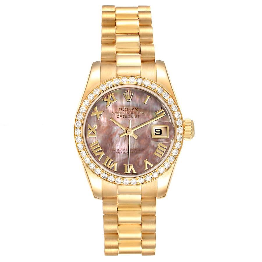 Rolex President Ladies 18k Yellow Gold MOP Diamond Watch 179138 Box Papers. Officially certified chronometer self-winding movement with quickset date function. 18k yellow gold oyster case 26.0 mm in diameter. Rolex logo on a crown. 18k yellow gold