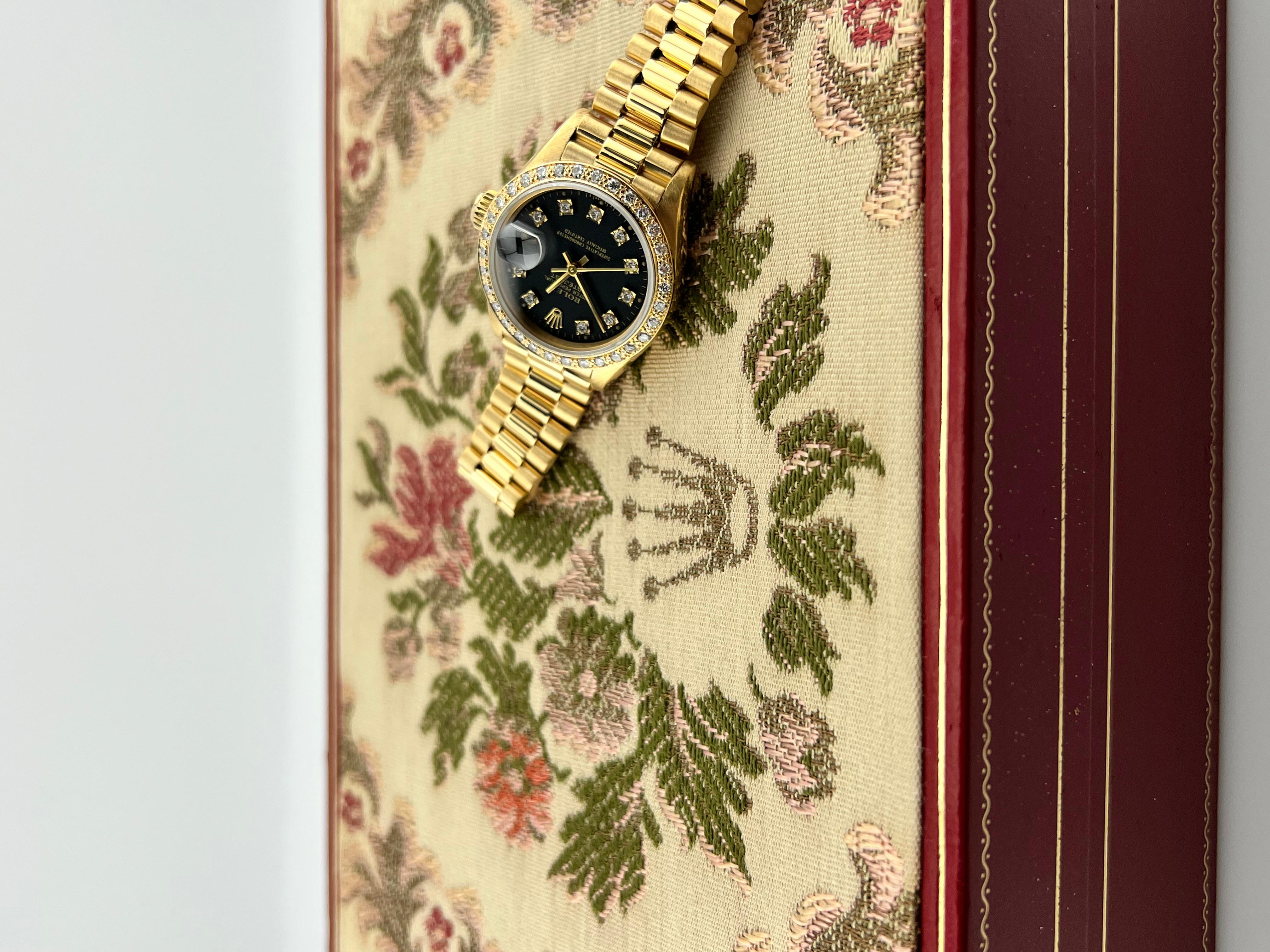 Rolex Präsident Damen 69178 Diamant Zifferblatt Diamant-Zifferblatt Diamant-Lünette 18K Gelbgold im Zustand „Hervorragend“ in San Diego, CA