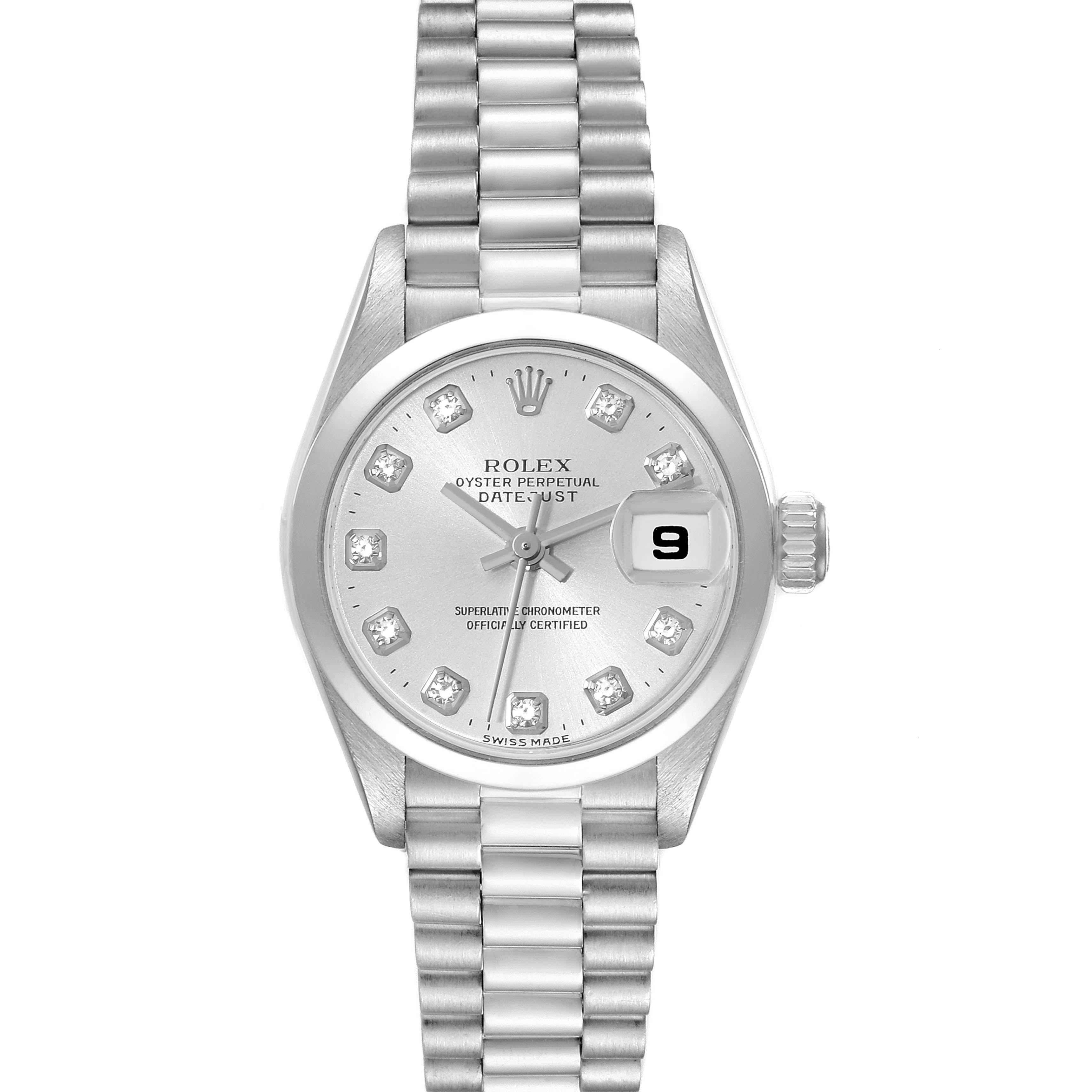 Rolex President Ladies Platinum Silver Diamond Dial Ladies Watch 179166. Officially certified chronometer self-winding movement. Platinum oyster case 26.0 mm in diameter. Rolex logo on a crown. Platinum smooth bezel. Scratch resistant sapphire
