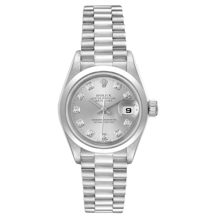 Rolex President Ladies Platinum Silver Diamond Dial Watch 79166 Box Papers. Officially certified chronometer self-winding movement. Platinum oyster case 26.0 mm in diameter. Rolex logo on a crown. Platinum smooth bezel. Scratch resistant sapphire