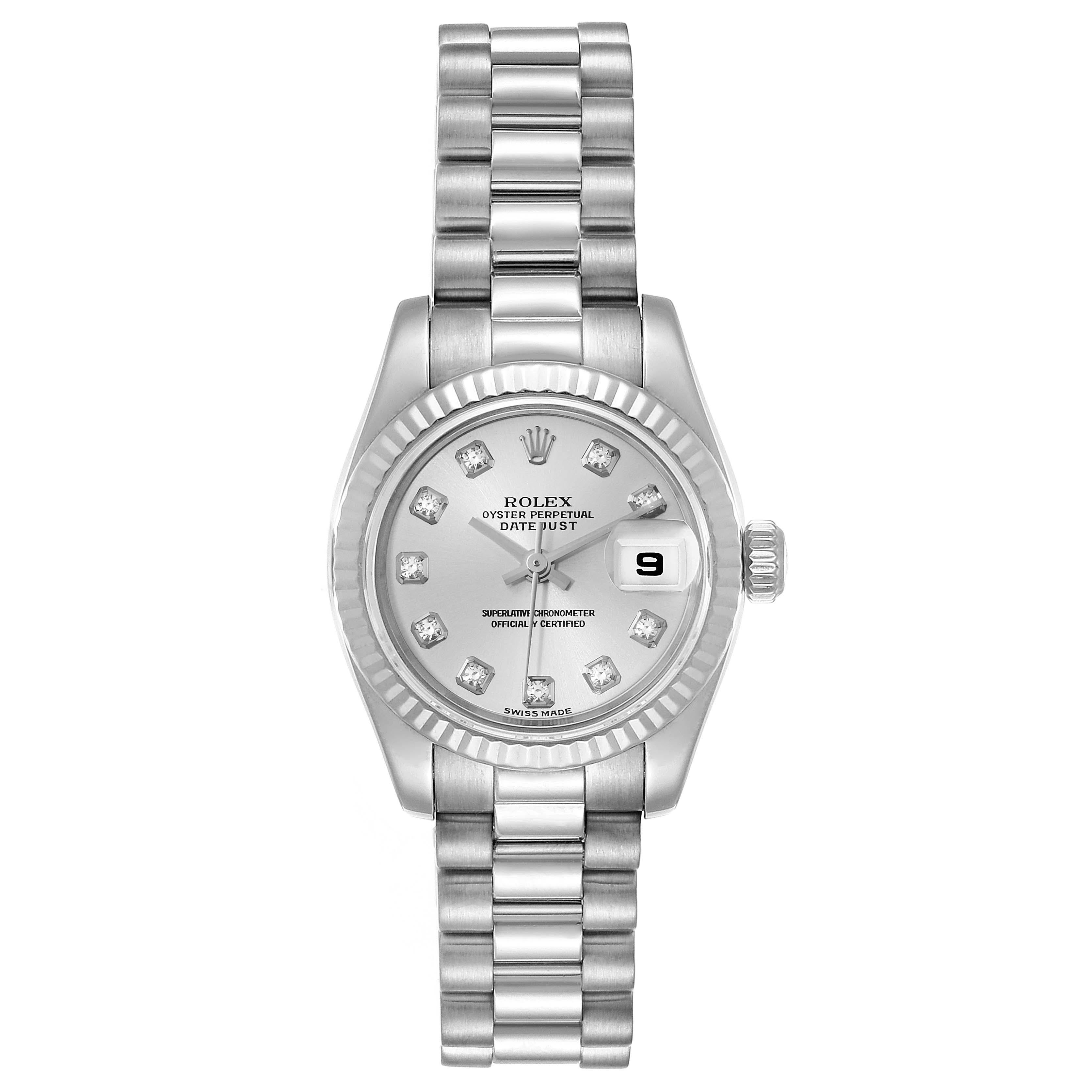 Rolex President Ladies White Gold Diamond Ladies Watch 179179 Box Papers. Officially certified chronometer self-winding movement. 18k white gold oyster case 26.0 mm in diameter. Rolex logo on a crown. 18k white gold fluted bezel. Scratch resistant