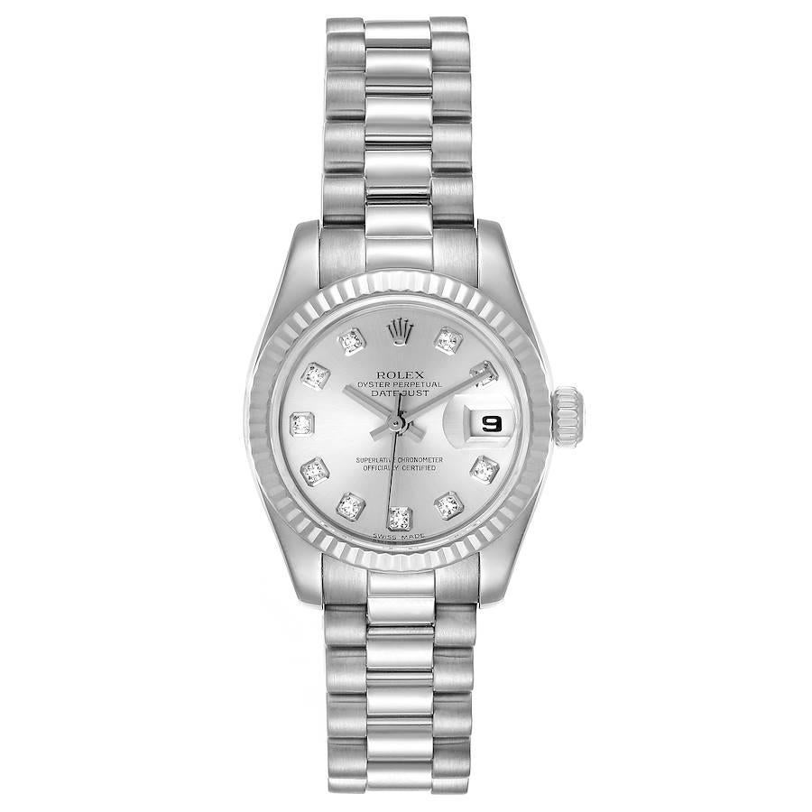 Rolex President Ladies White Gold Diamond Ladies Watch 179179. Officially certified chronometer self-winding movement. 18k white gold oyster case 26.0 mm in diameter. Rolex logo on a crown. 18k white gold fluted bezel. Scratch resistant sapphire
