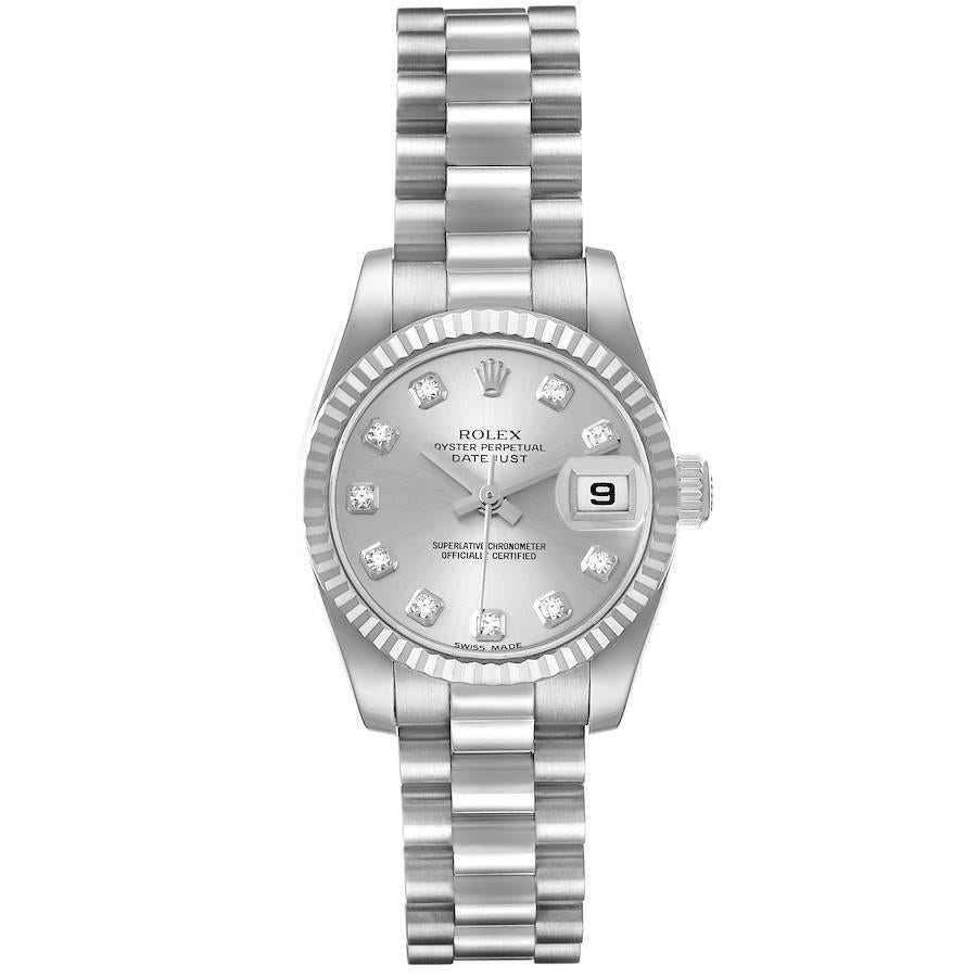 Rolex President Ladies White Gold Diamond Ladies Watch 179179. Officially certified chronometer self-winding movement. 18k white gold oyster case 26.0 mm in diameter. Rolex logo on a crown. 18k white gold fluted bezel. Scratch resistant sapphire