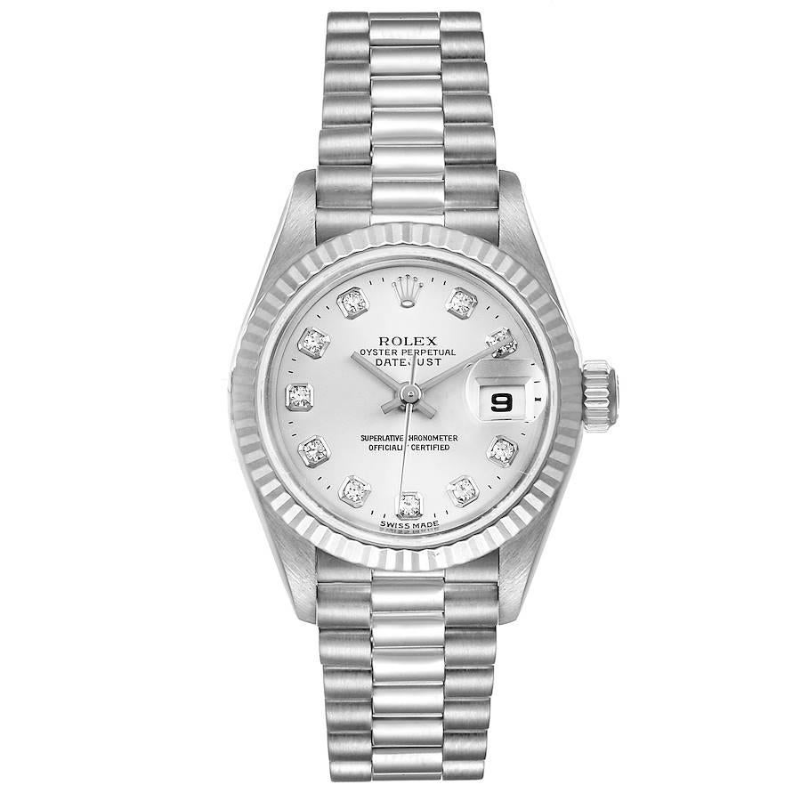 Rolex President Ladies White Gold Diamond Ladies Watch 79179. Officially certified chronometer self-winding movement. 18k white gold oyster case 26.0 mm in diameter. Rolex logo on a crown. 18k white gold fluted bezel. Scratch resistant sapphire