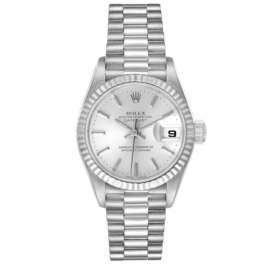 Rolex President Ladies White Gold Silver Dial Ladies Watch 79179. Officially certified chronometer self-winding movement. 18k white gold oyster case 26.0 mm in diameter. Rolex logo on a crown. 18k white gold fluted bezel. Scratch resistant sapphire