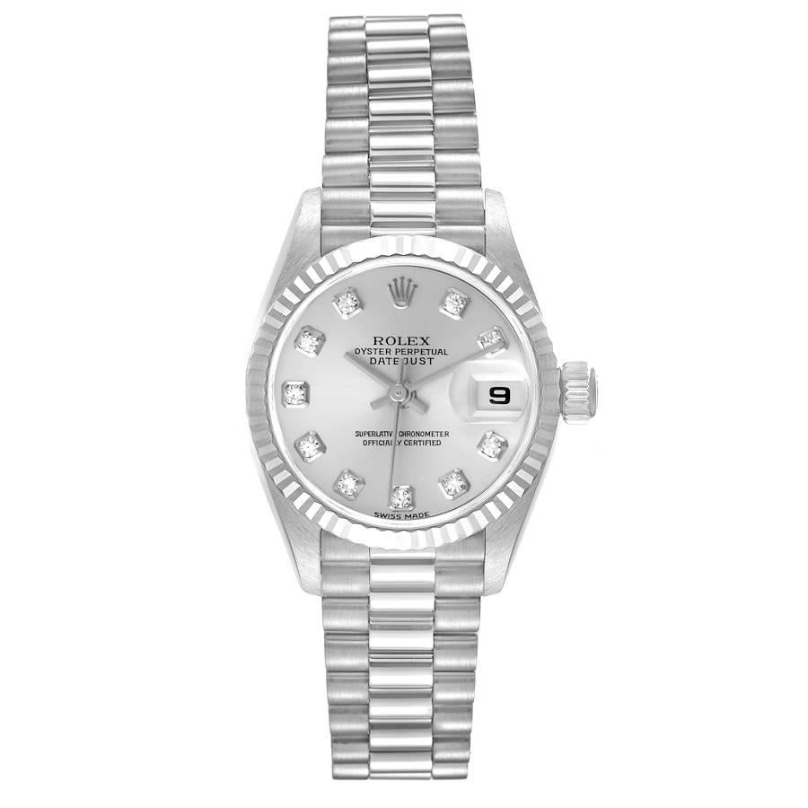 Rolex Präsident Damen Weißgold Silber Diamond Dial Damenuhr 79179. Offiziell zertifiziertes Chronometerwerk mit automatischem Aufzug. oyster-Gehäuse aus 18 Karat Weißgold mit einem Durchmesser von 26,0 mm. Rolex-Logo auf einer Krone. geriffelte