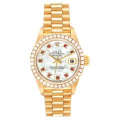 Rolex President Ladies Yellow Gold MOP Rubies Diamond Watch 79138 Box