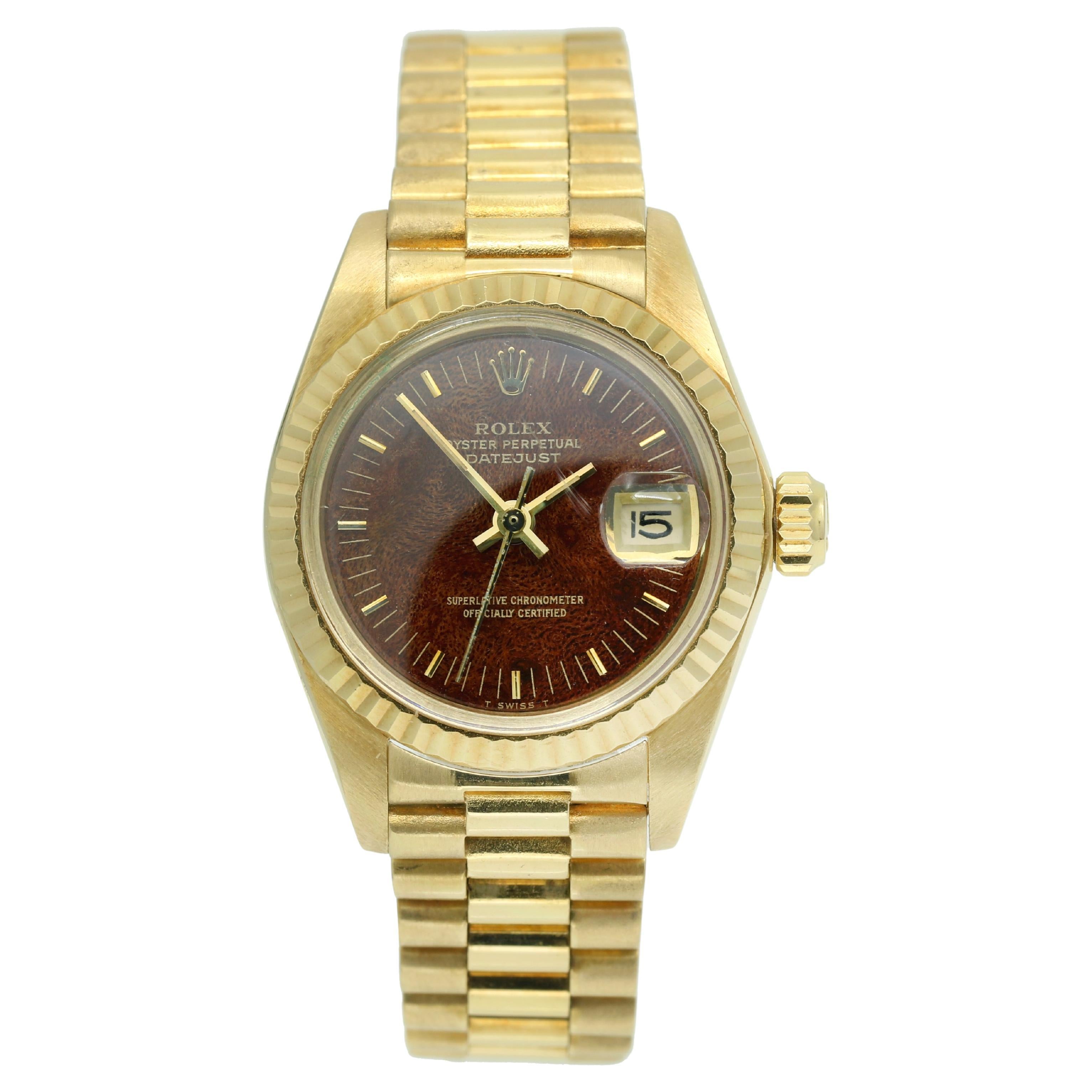 Rolex President Lady Datejust 6917 18k Mahogany Wood Dial Watch - 26mm For Sale