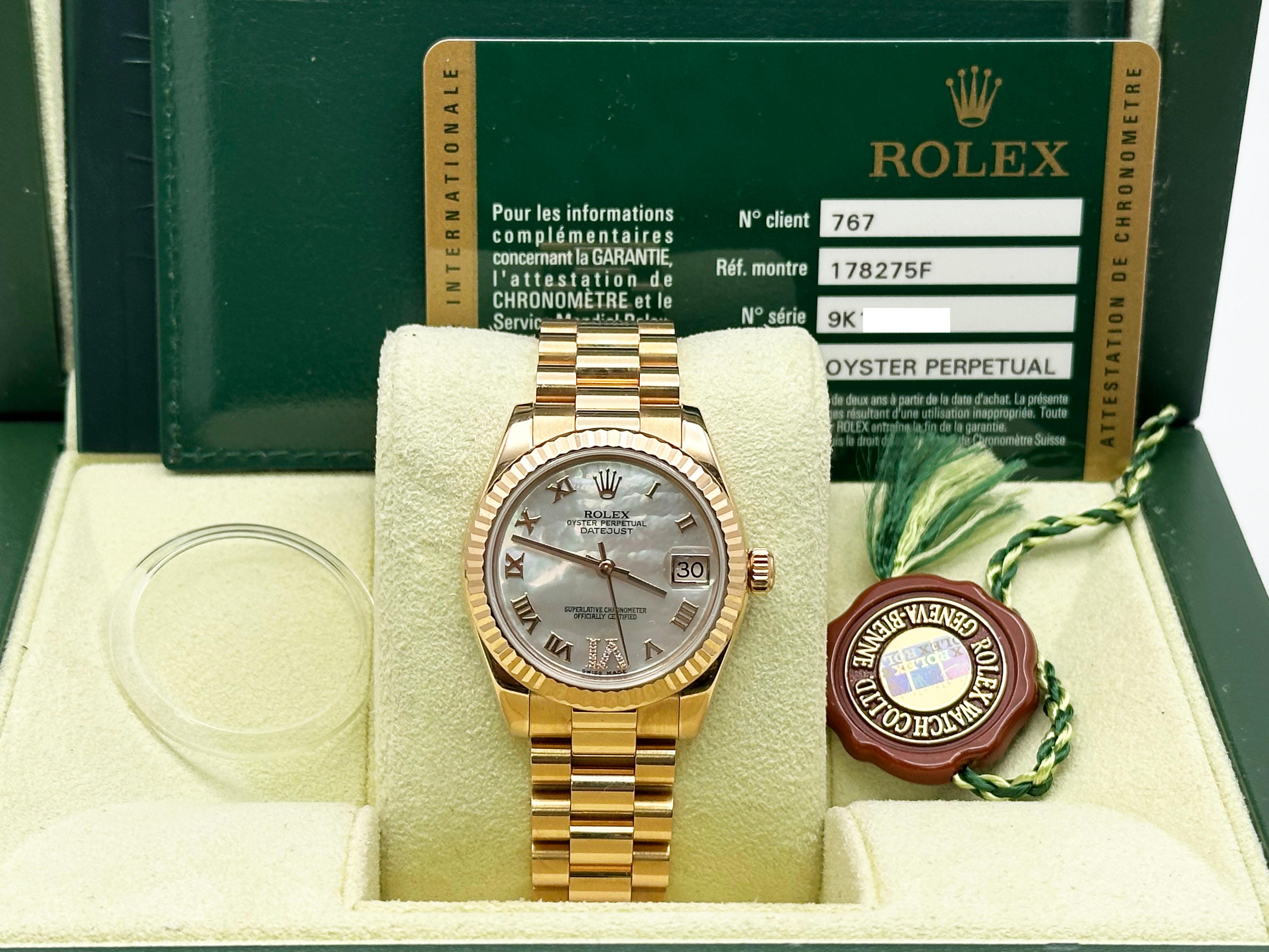 Rolex Präsident Midsize 178275 31mm MOP Roman VI Diamond Dial 18K Rose Gold Karte im Angebot 3