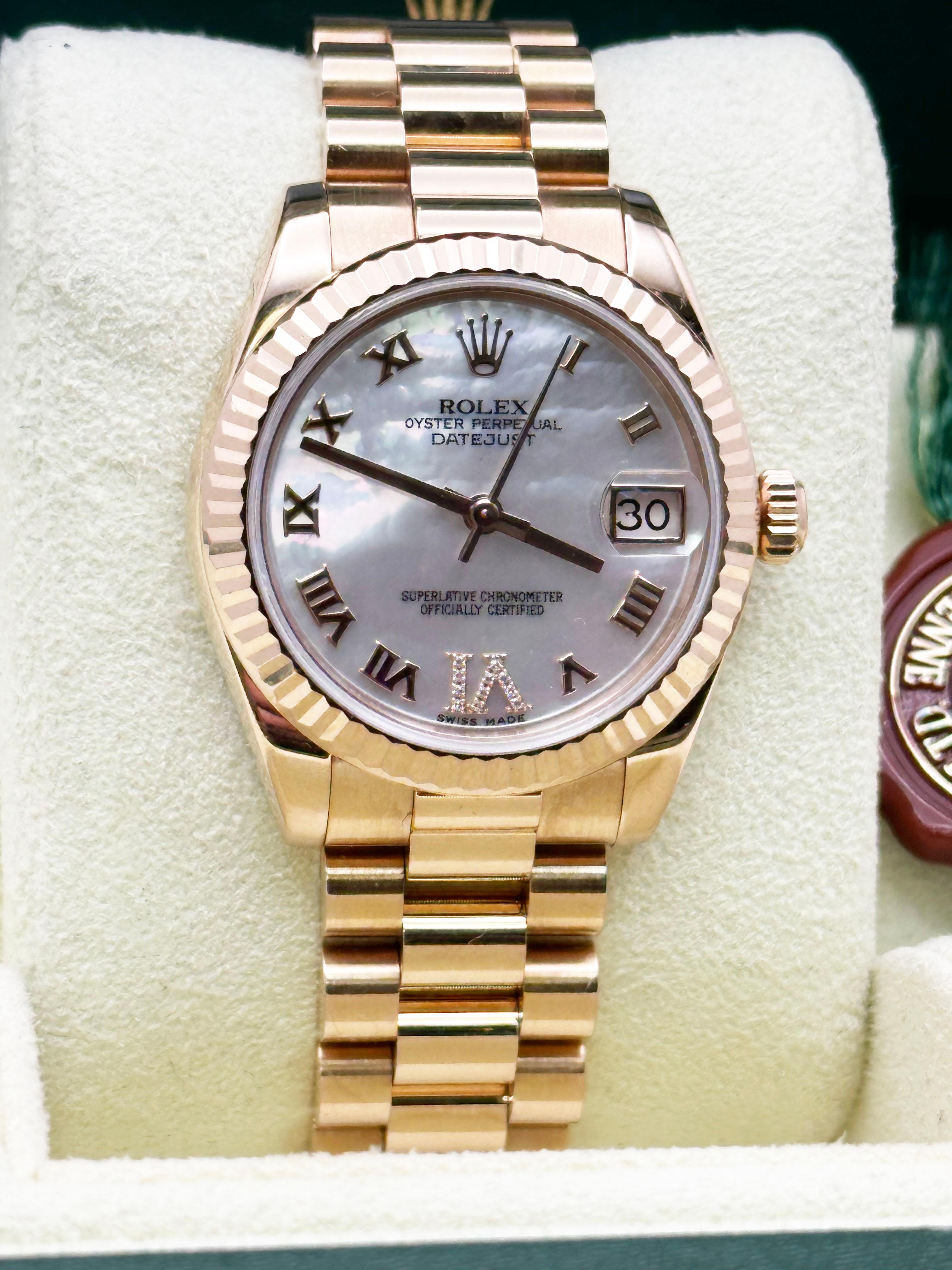 Rolex Präsident Midsize 178275 31mm MOP Roman VI Diamond Dial 18K Rose Gold Karte im Angebot 5