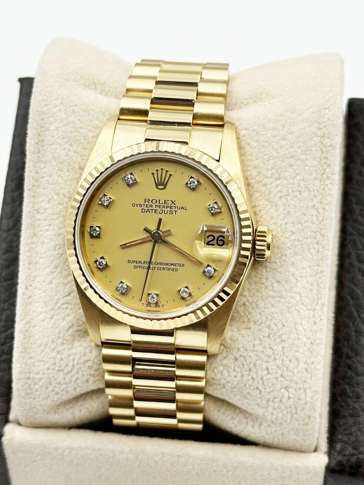 Rolex President Midsize 6827 31mm Factory Champagne Diamond Dial 18K Gold In Excellent Condition For Sale In San Diego, CA