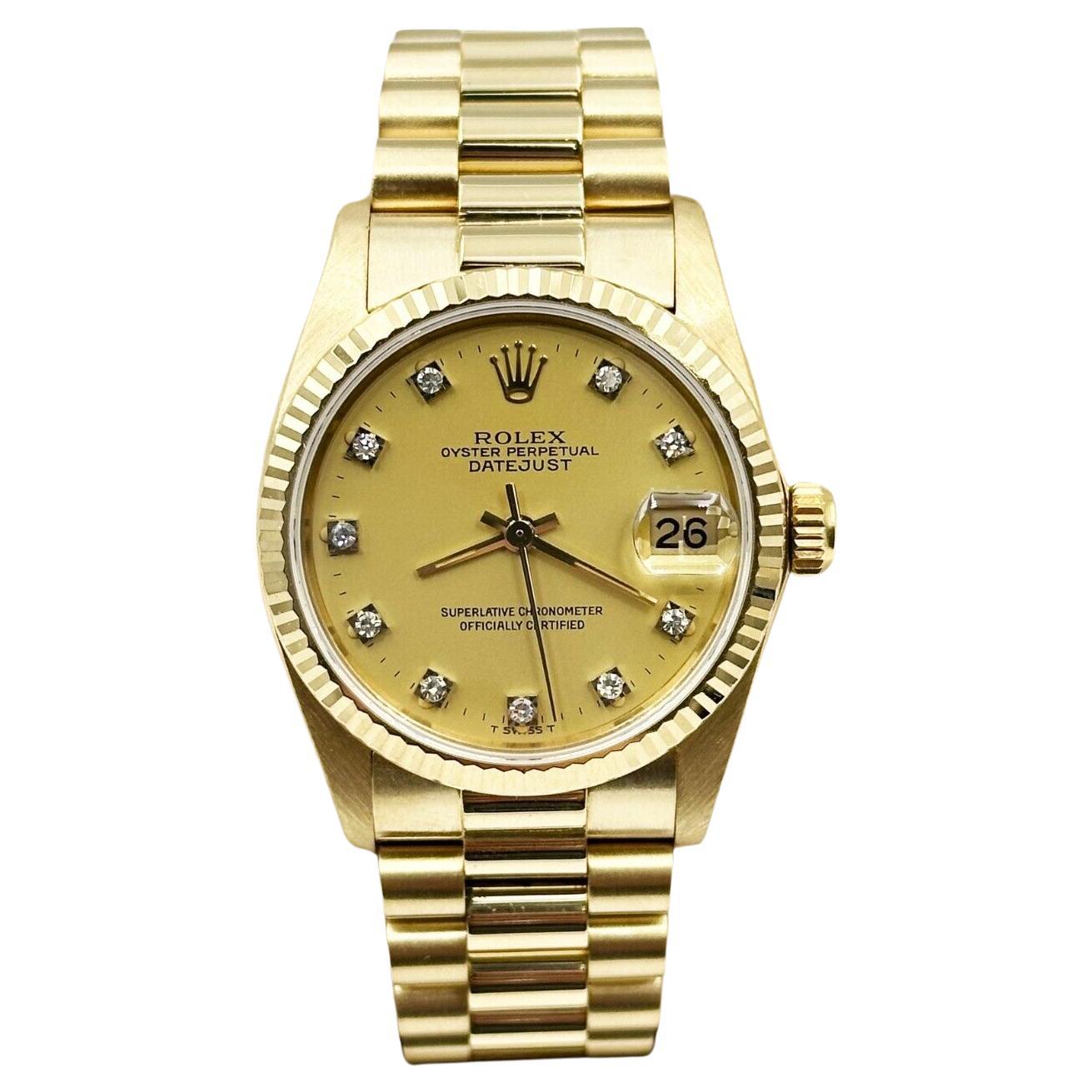 Rolex President Midsize 6827 31mm Factory Champagne Diamond Dial 18K Gold For Sale