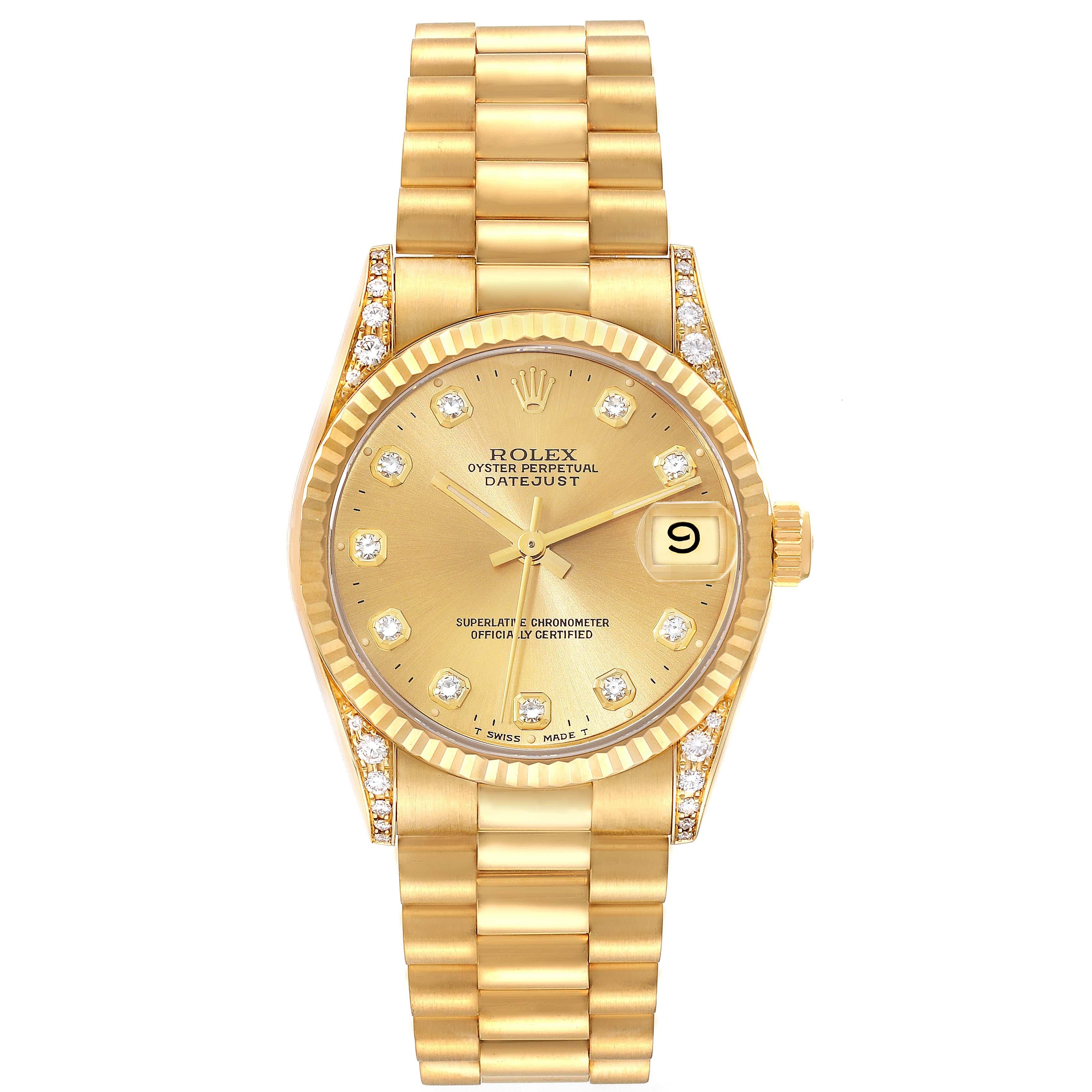 Rolex President Midsize Champagne Dial Yellow Gold Diamond Ladies Watch 68238. Officially certified chronometer automatic self-winding movement. 18k yellow gold oyster case 31.0 mm in diameter. Rolex logo on a crown. Original Rolex factory diamond