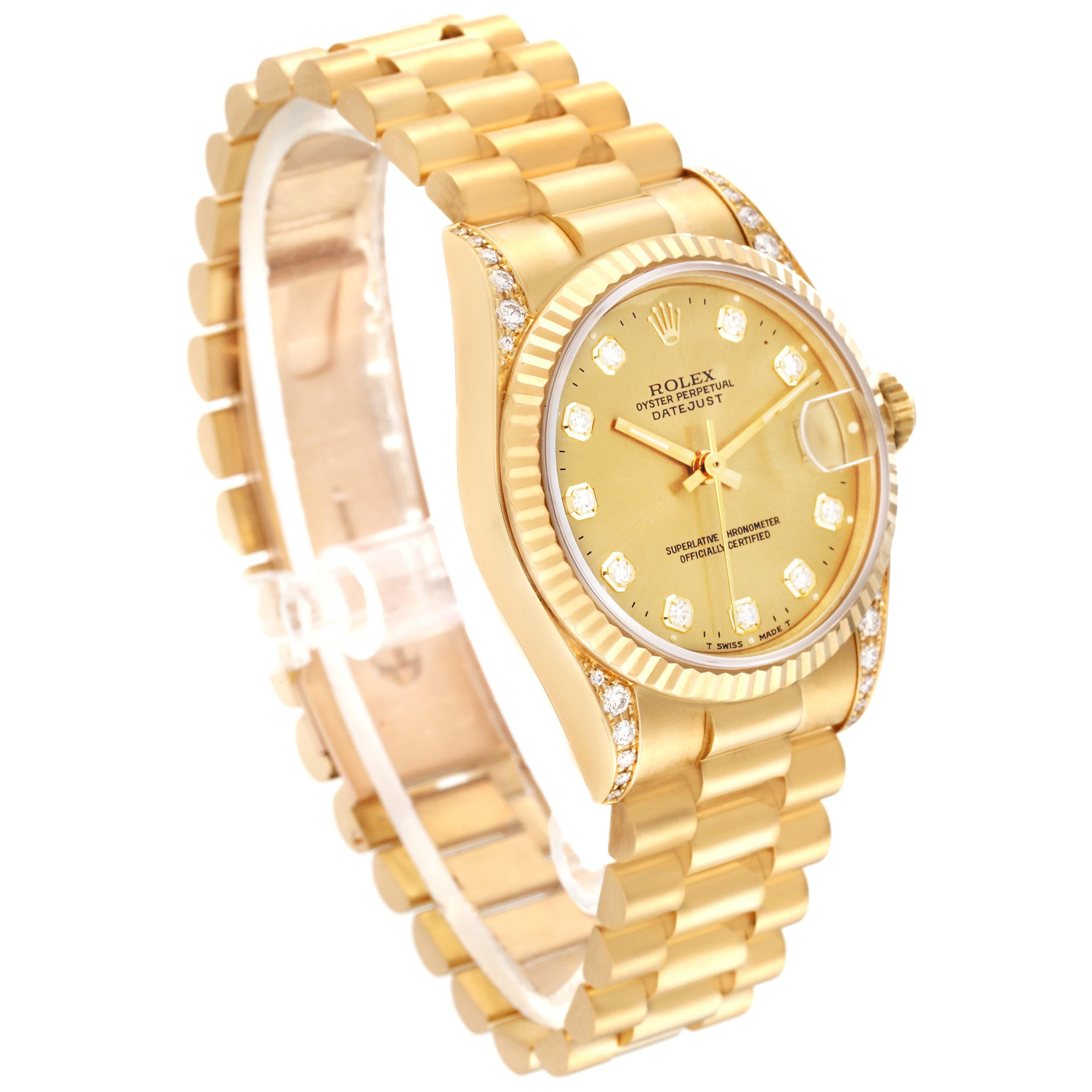 Rolex President Midsize Champagne Dial Yellow Gold Diamond Ladies Watch 68238 In Excellent Condition For Sale In Atlanta, GA