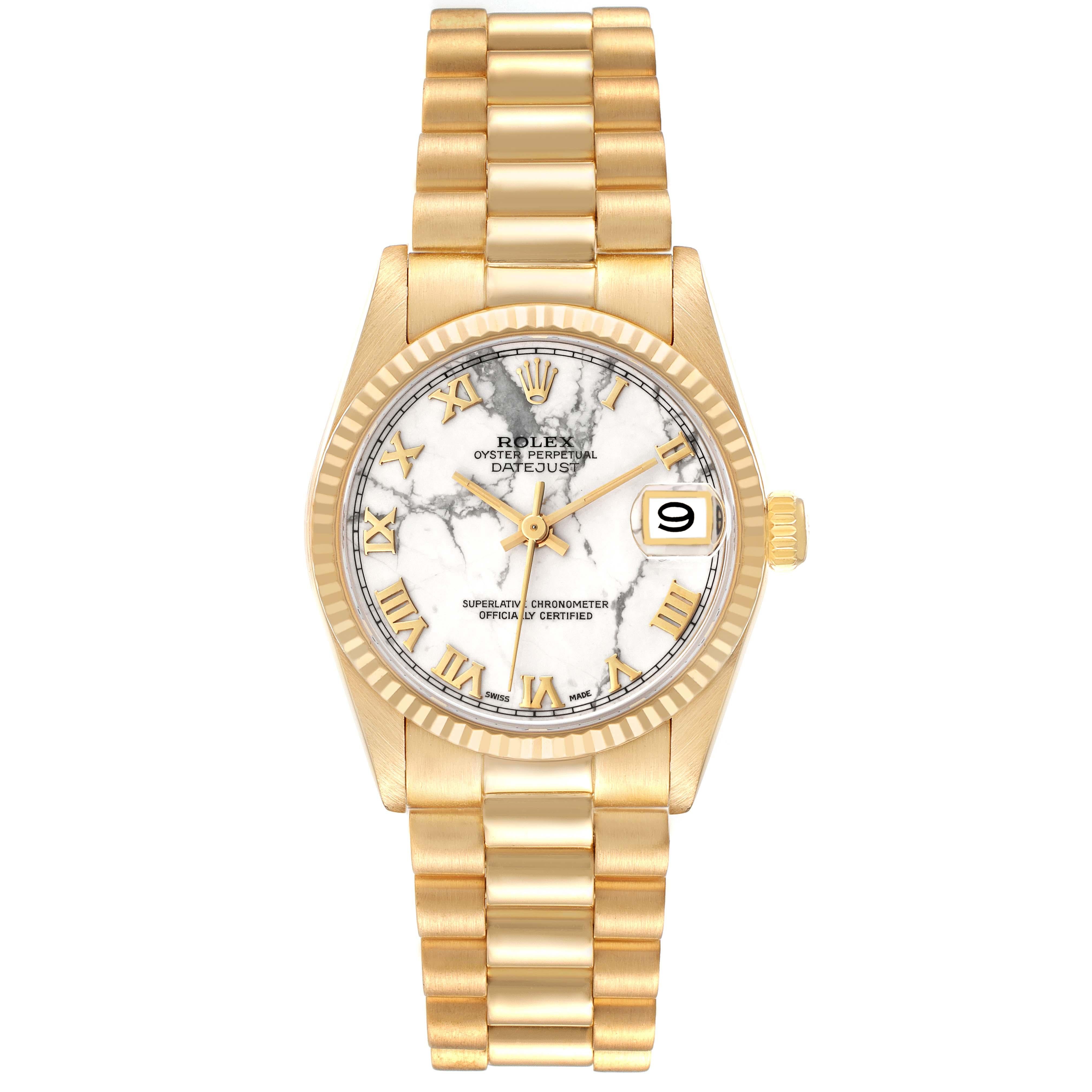 Rolex President Midsize Marble Dial Yellow Gold Ladies Watch 68278 Box Papers. Officially certified chronometer automatic self-winding movement. 18k yellow gold oyster case 31.0 mm in diameter. Rolex logo on the crown. 18k yellow gold fluted bezel.