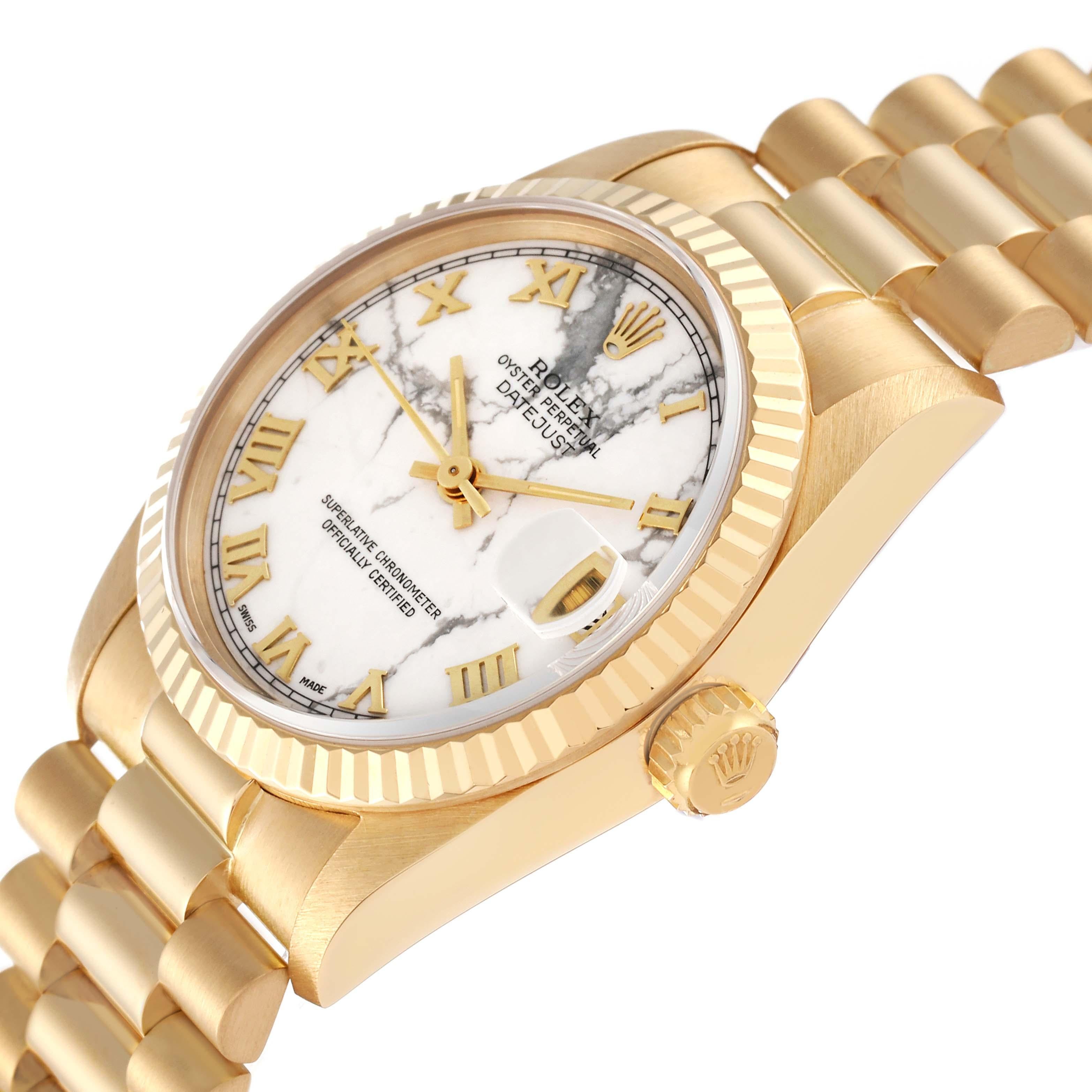 Rolex President Midsize Marble Dial Yellow Gold Ladies Watch 68278 Box Papers In Excellent Condition In Atlanta, GA
