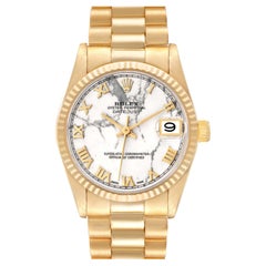 Rolex President Midsize Marble Dial Yellow Gold Ladies Watch 68278 Box Papers
