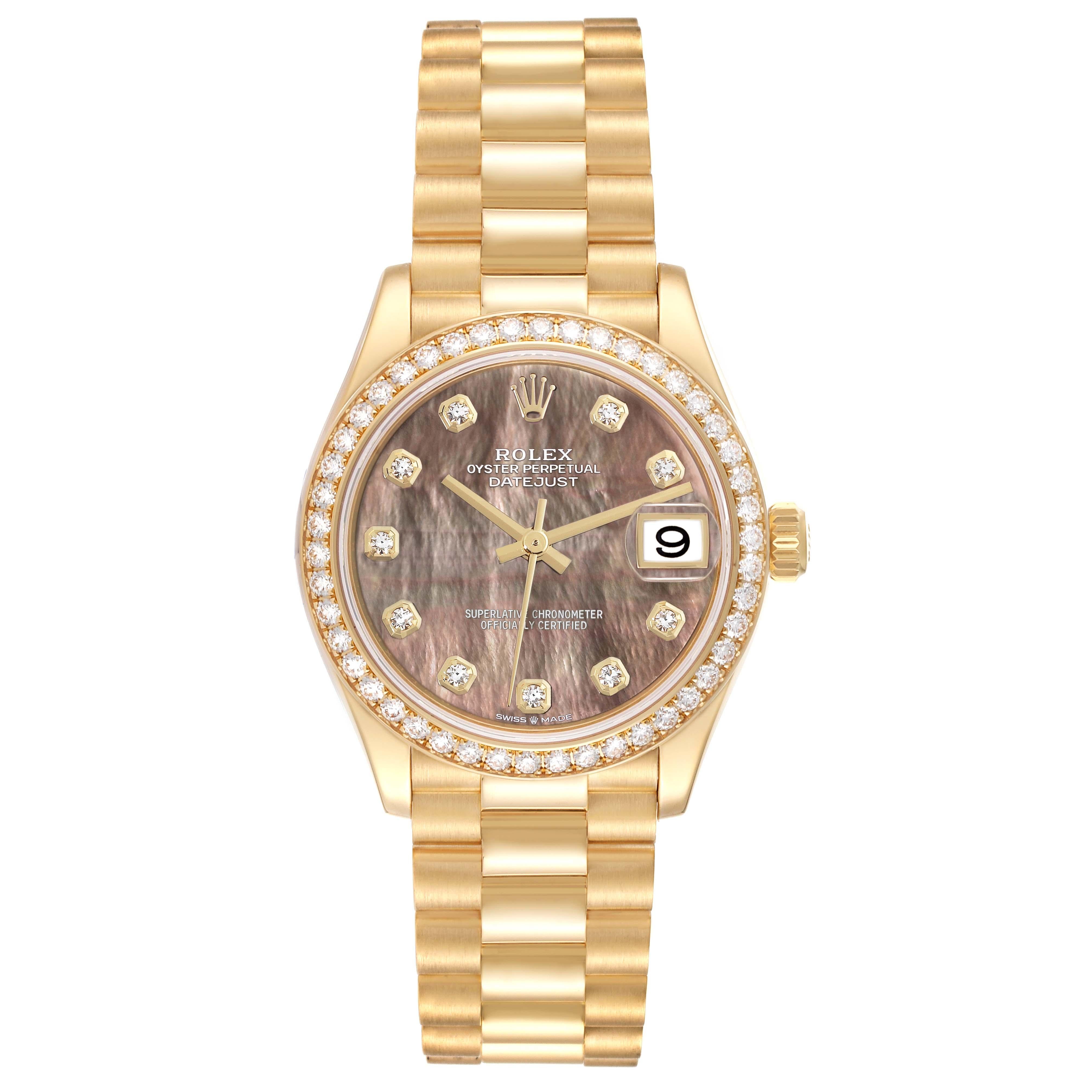Rolex President Midsize MOP Yellow Gold Diamond Ladies Watch 278288 Box Card. Officially certified chronometer automatic self-winding movement. 18k yellow gold oyster case 31.0 mm in diameter. Rolex logo on a crown. Original Rolex factory diamond
