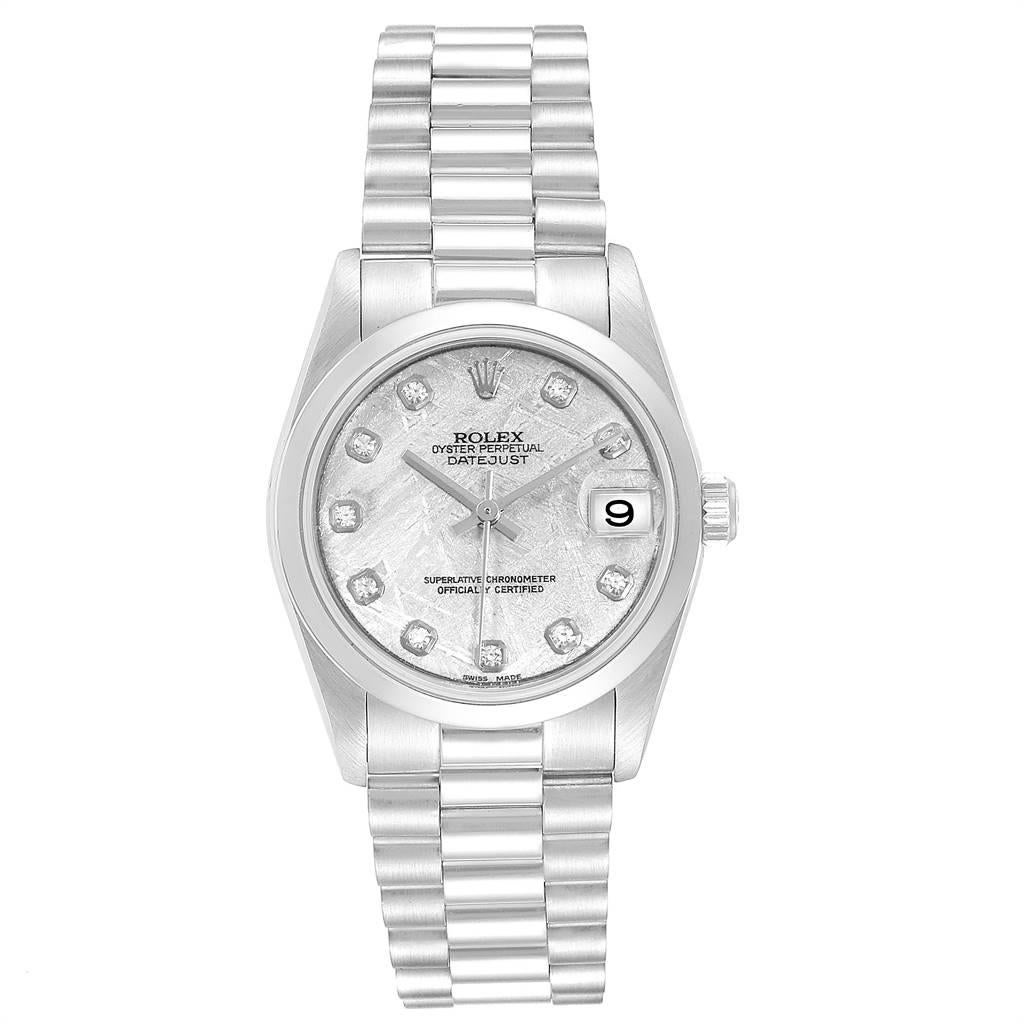 Rolex President Midsize Platinum Meteorite Diamond Ladies Watch 68279. Officially certified chronometer self-winding movement. Platinum oyster case 31.0 mm in diameter. Rolex logo on a crown. Platinum smooth domed bezel. Scratch resistant sapphire