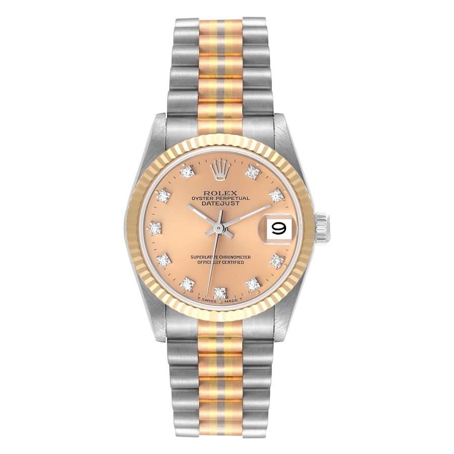 Rolex President Midsize Tridor White Yellow Rose Gold Diamond Ladies Watch 68279. Officially certified chronometer automatic self-winding movement. 18k white gold oyster case 31.0 mm in diameter. Rolex logo on the crown. 18K yellow gold fluted