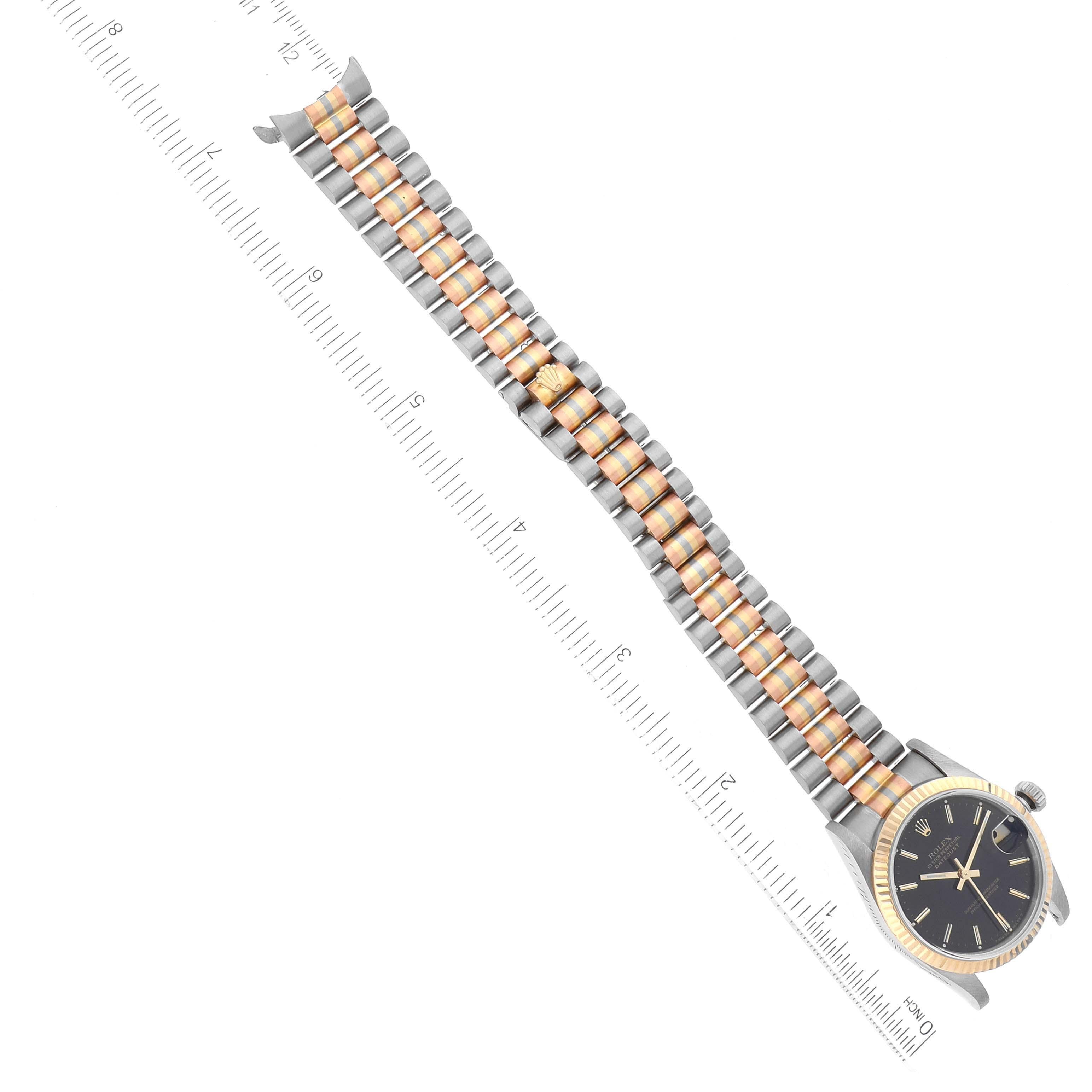 Rolex President Midsize Tridor White Yellow Rose Gold Ladies Watch 68279. Officially certified chronometer automatic self-winding movement. 18k white gold oyster case 31.0 mm in diameter. Rolex logo on the crown. 18K yellow gold fluted bezel.