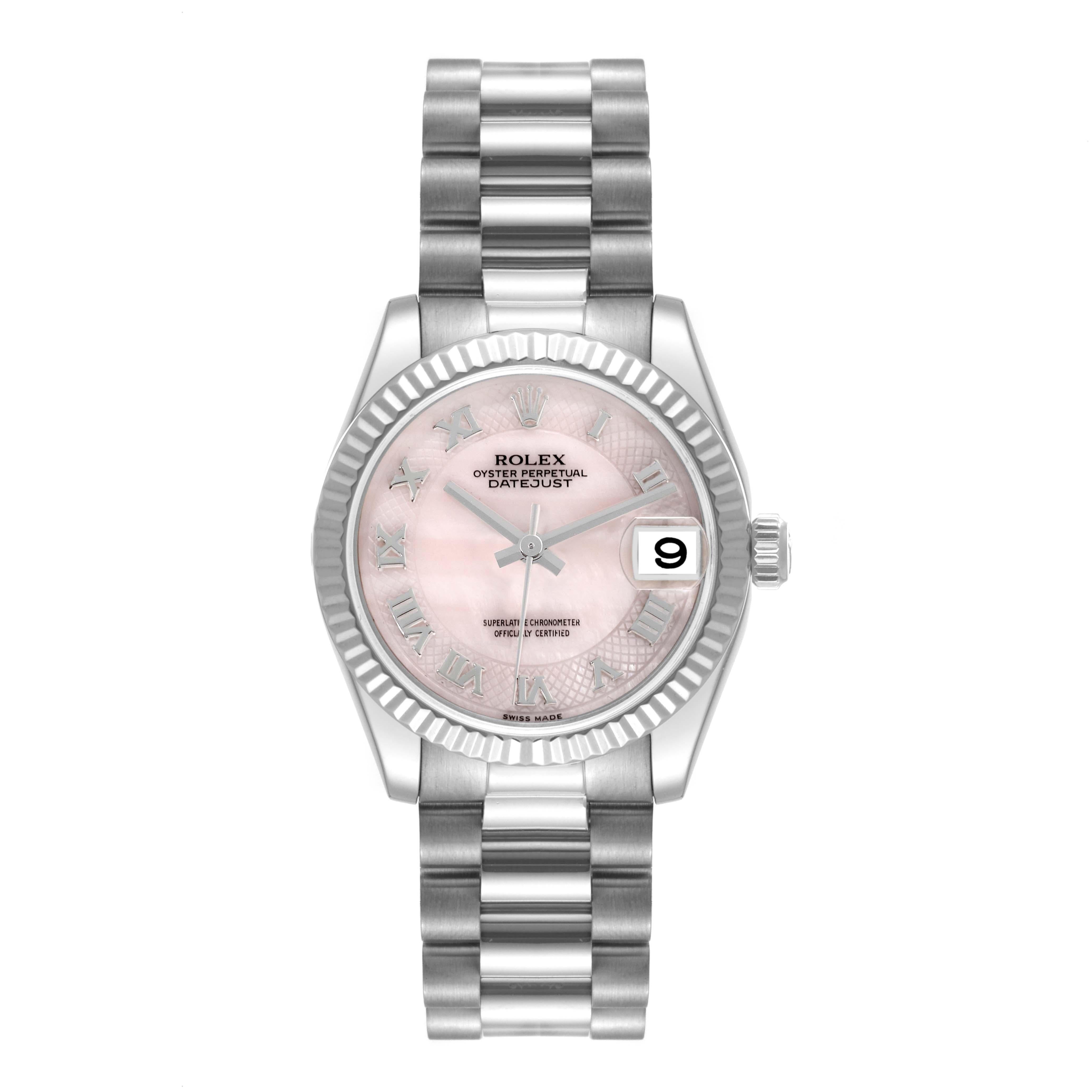 Rolex President Midsize White Gold Mother of Pearl Dial Ladies Watch 178279. Officially certified chronometer self-winding movement. 18k white gold oyster case 31.0 mm in diameter. Rolex logo on a crown. 18k white gold fluted bezel. Scratch