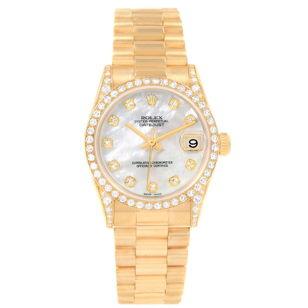 Rolex President Midsize Yellow Gold Diamond Dial Bezel Lugs Watch 78158. Officially certified chronometer automatic self-winding movement. 18k yellow gold oyster case 31.0 mm in diameter. Rolex logo on a crown. Original Rolex factory diamond lugs.
