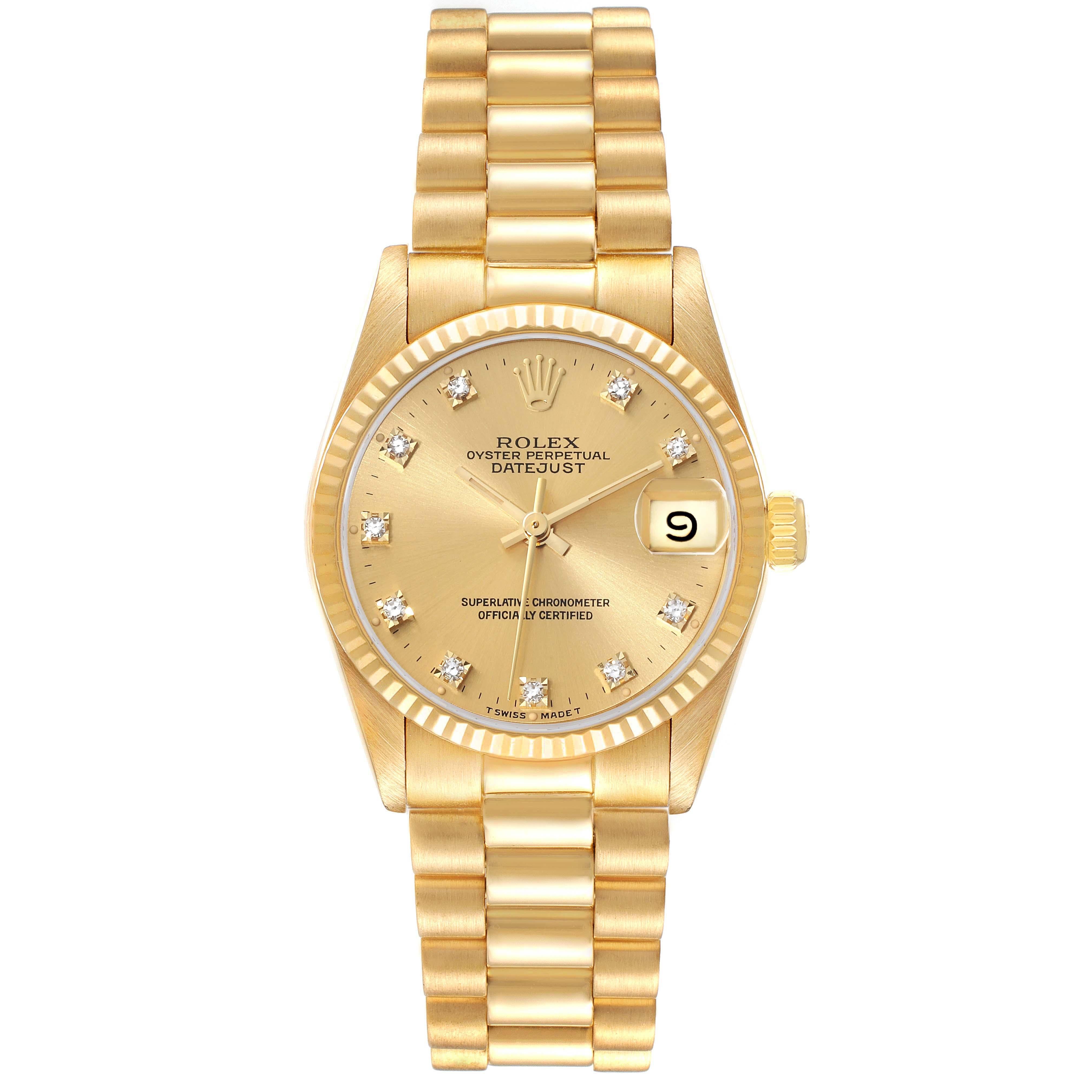 Rolex President Midsize Yellow Gold Diamond Dial Ladies Watch 68278. Officially certified chronometer automatic self-winding movement. 18k yellow gold oyster case 31.0 mm in diameter. Rolex logo on the crown. 18k yellow gold fluted bezel.
