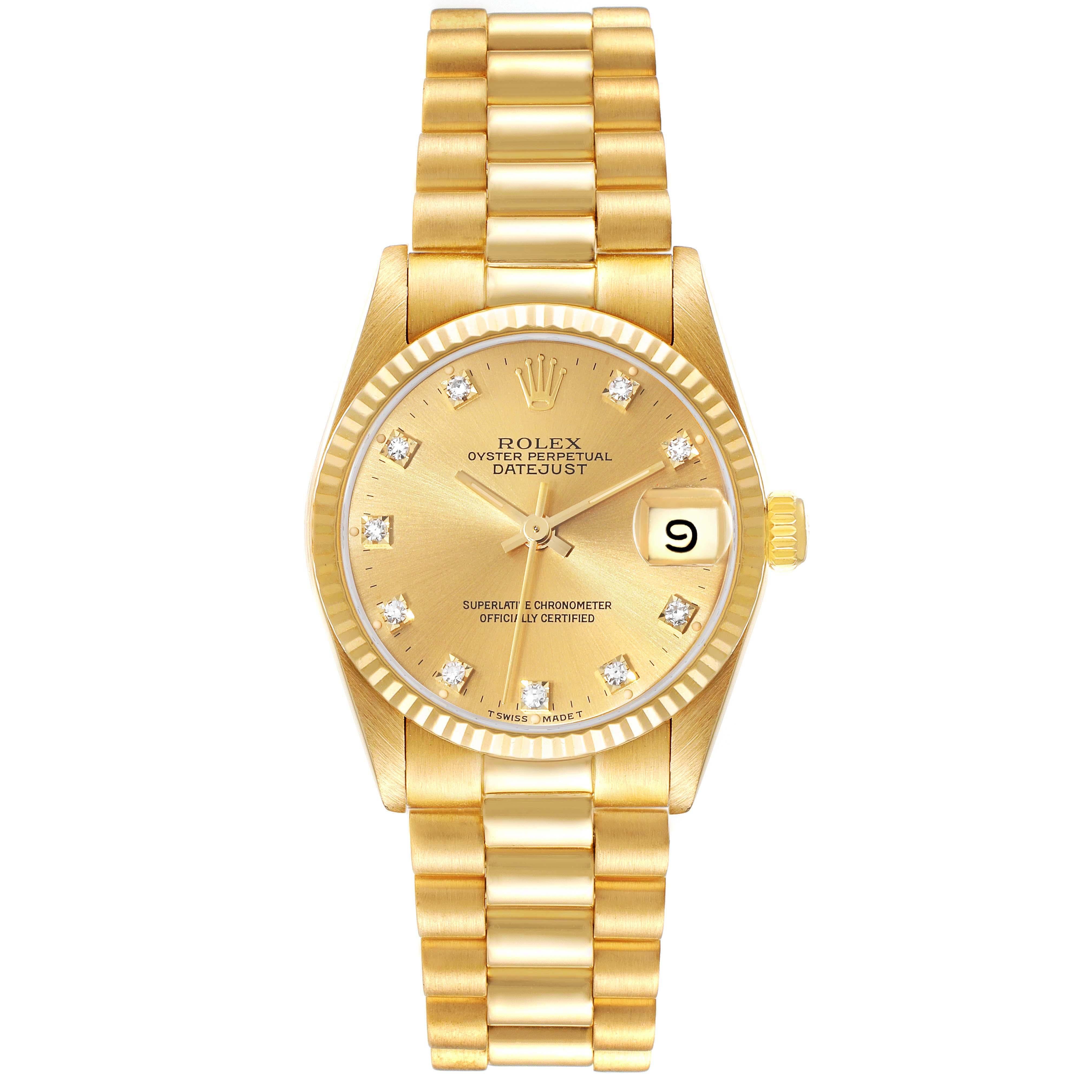Rolex President Midsize Yellow Gold Diamond Dial Ladies Watch 68278. Officially certified chronometer automatic self-winding movement. 18k yellow gold oyster case 31.0 mm in diameter. Rolex logo on the crown. 18k yellow gold fluted bezel.