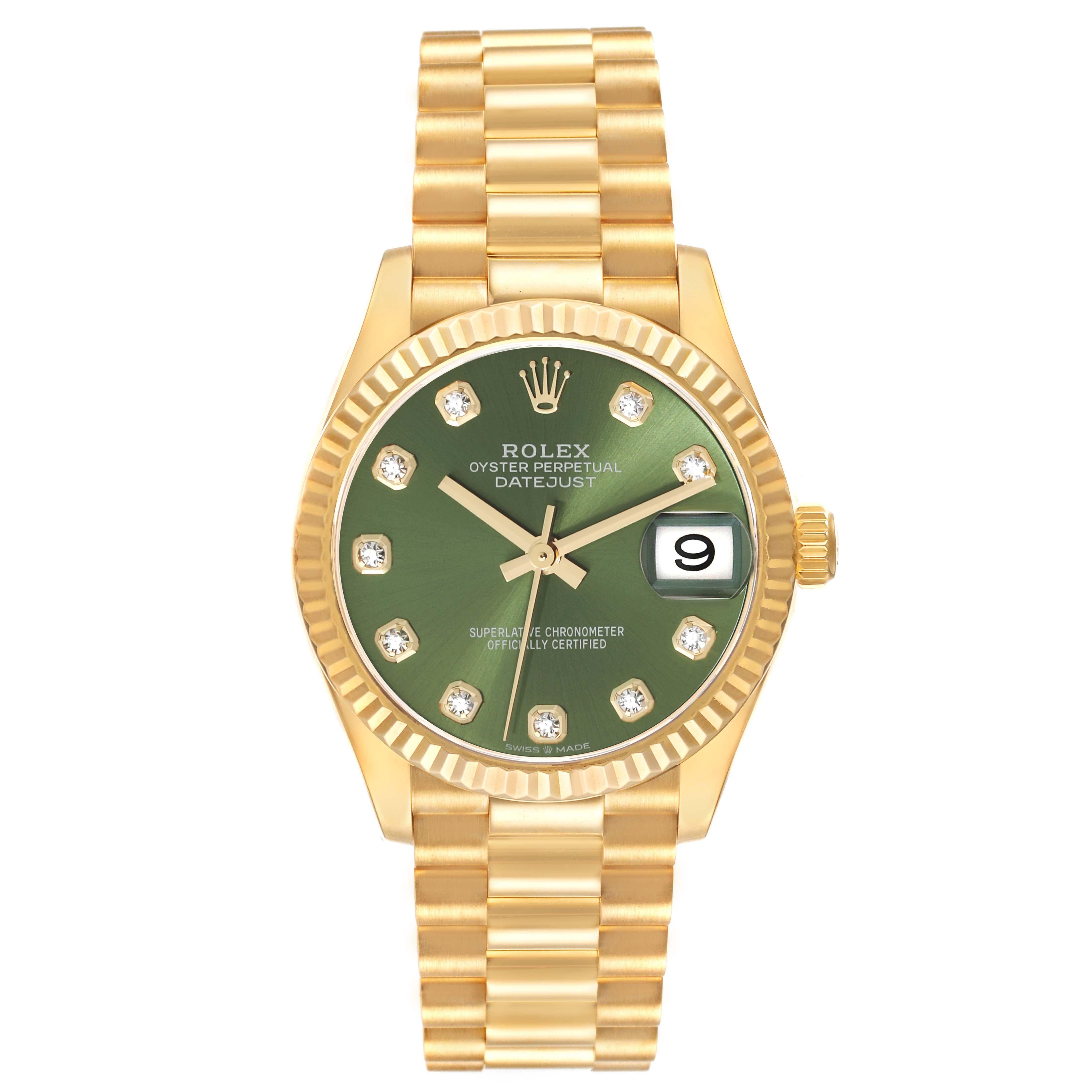Rolex President Midsize Yellow Gold Diamond Ladies Watch 278278 Box Card. Officially certified chronometer self-winding movement. 18k yellow gold oyster case 31.0 mm in diameter. Rolex logo on a crown. 18k yellow gold fluted bezel. Scratch resistant