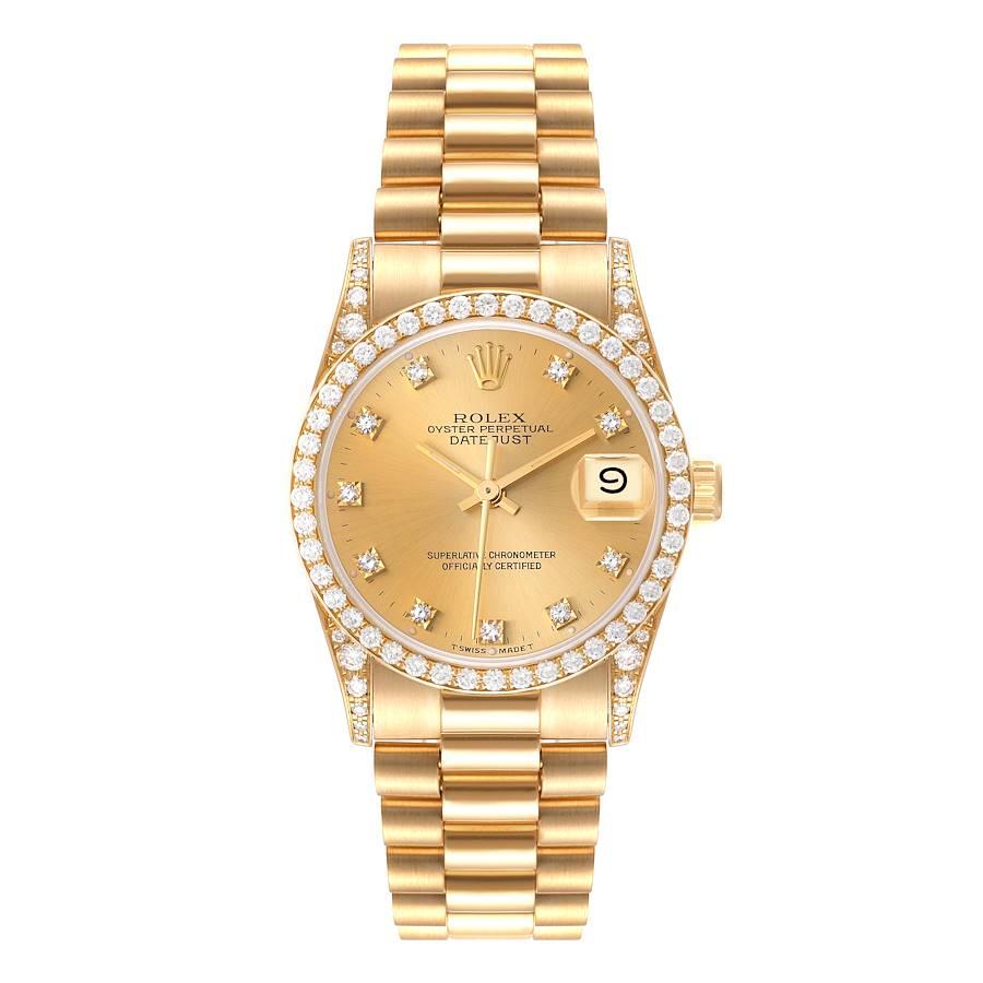 Rolex President Midsize Yellow Gold Diamond Ladies Watch 68158 Box Papers. Officially certified chronometer self-winding movement. 18k yellow gold oyster case 31.0 mm in diameter. Rolex logo on a crown. Original Rolex factory diamond lugs. Original