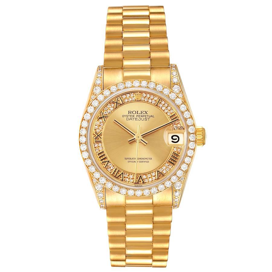 Rolex President Midsize Yellow Gold Diamond Ladies Watch 68158. Officially certified chronometer self-winding movement. 18k yellow gold oyster case 31.0 mm in diameter. Rolex logo on a crown. Original Rolex factory diamond lugs. Original Rolex 18k