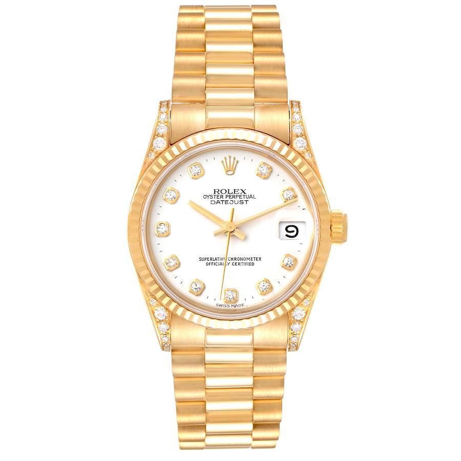 Rolex President Midsize Yellow Gold Diamond Ladies Watch 68238. Officially certified chronometer self-winding movement. 18k yellow gold oyster case 31.0 mm in diameter. Rolex logo on a crown. Original Rolex factory diamond lugs. 18k yellow gold