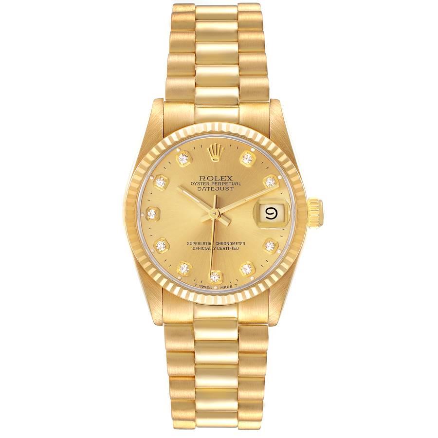 Rolex President Midsize Yellow Gold Diamond Ladies Watch 68278 Box Papers. Officially certified chronometer self-winding movement. 18k yellow gold oyster case 31.0 mm in diameter. Rolex logo on a crown. 18k yellow gold fluted bezel. Scratch