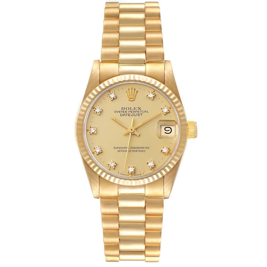 Rolex President Midsize Yellow Gold Diamond Ladies Watch 68278 Box Papers. Officially certified chronometer automatic self-winding movement. 18k yellow gold oyster case 31.0 mm in diameter. Rolex logo on the crown. 18k yellow gold fluted bezel.
