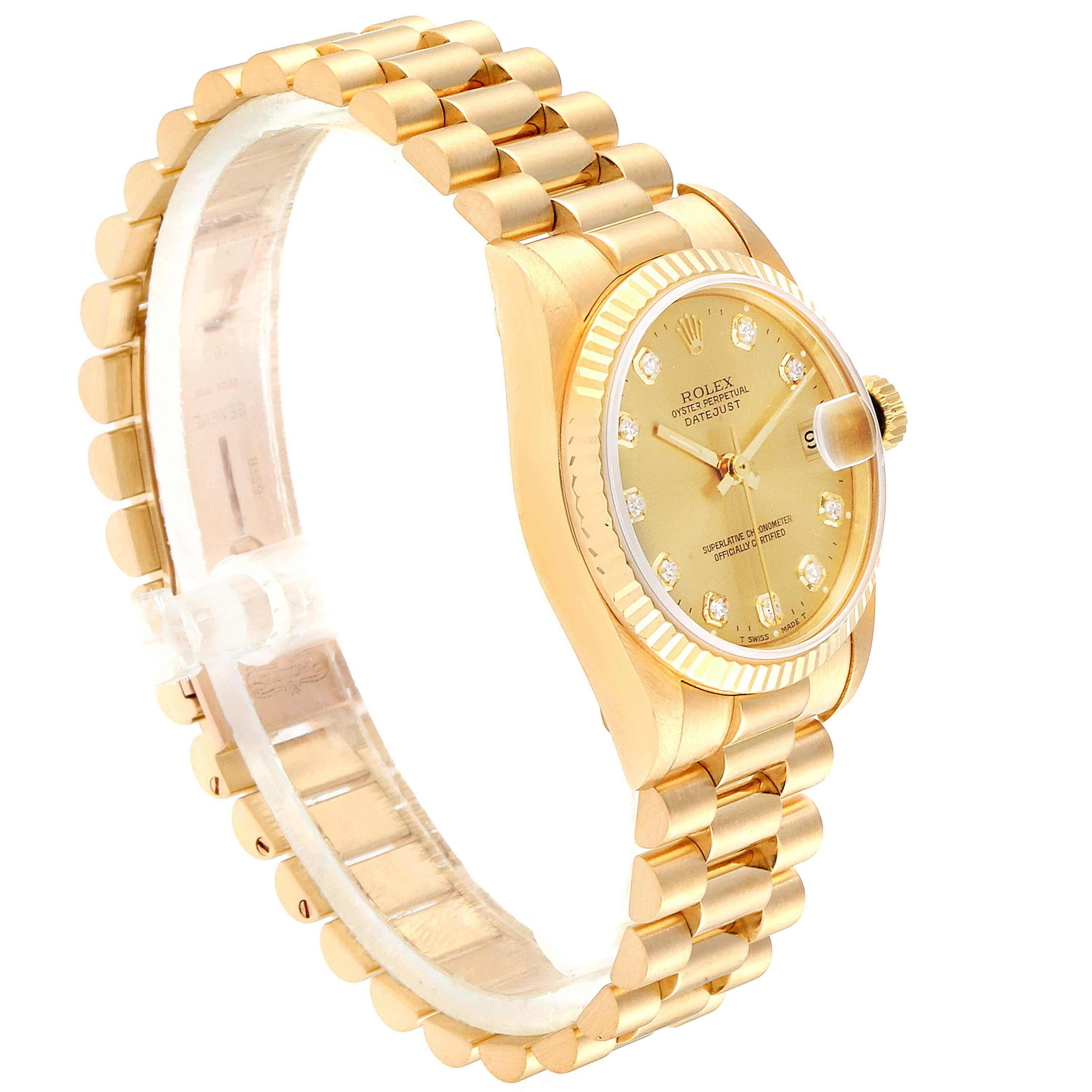 Rolex President Midsize Yellow Gold Diamond Ladies Watch 68278 Box Papers In Excellent Condition For Sale In Atlanta, GA