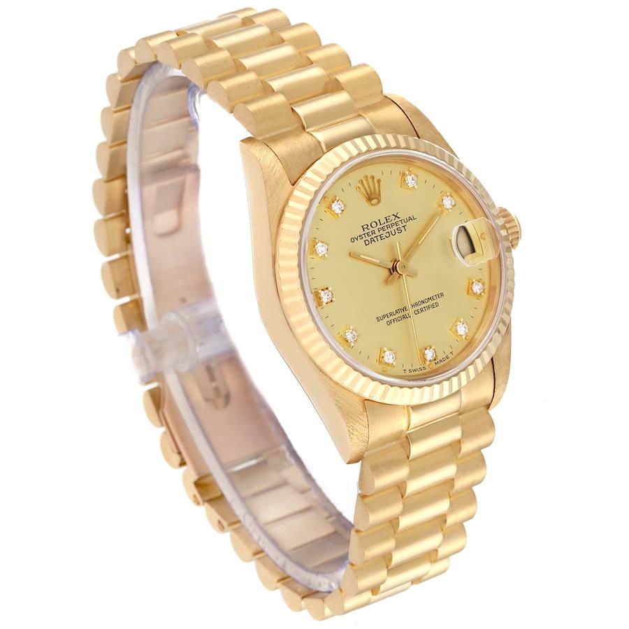 Rolex President Midsize Yellow Gold Diamond Ladies Watch 68278 Box Papers In Excellent Condition In Atlanta, GA