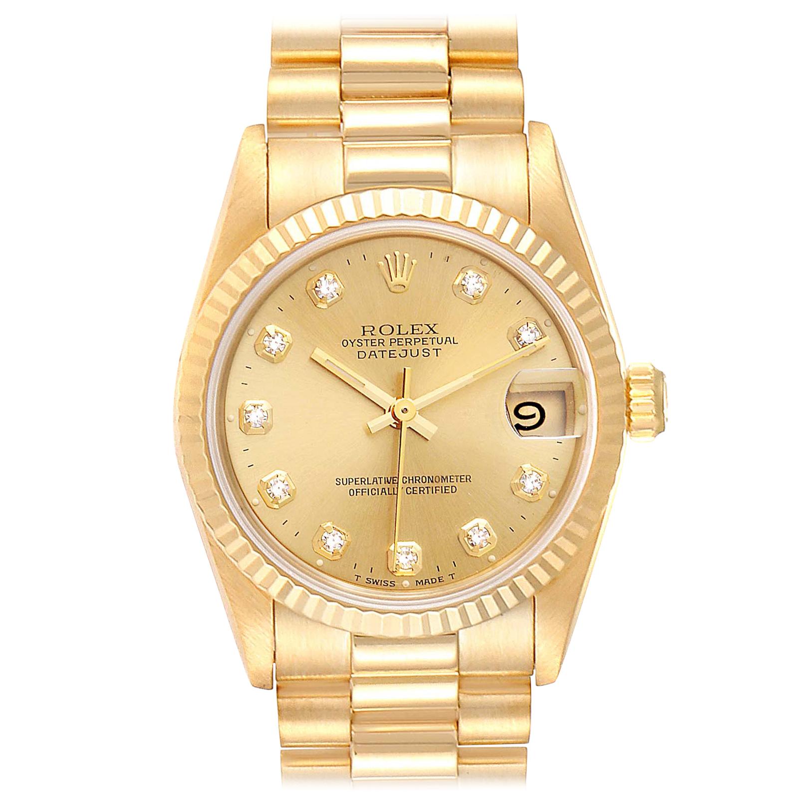 Rolex President Midsize Yellow Gold Diamond Ladies Watch 68278 Box Papers For Sale