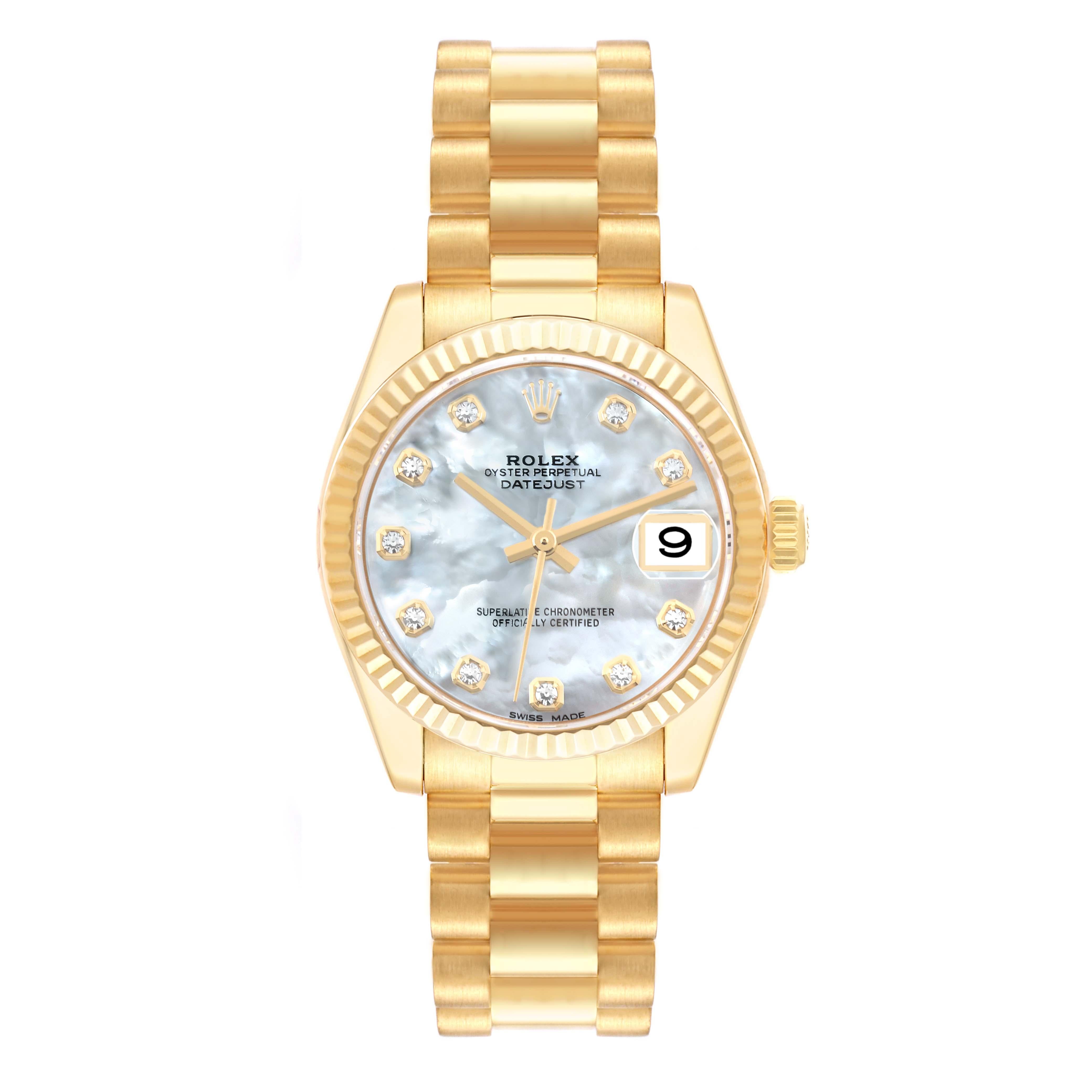 Rolex President Midsize Yellow Gold MOP Diamond Dial Ladies Watch 178278. Officially certified chronometer self-winding movement. 18k yellow gold oyster case 31.0 mm in diameter. Rolex logo on a crown. 18k yellow gold fluted bezel. Scratch resistant